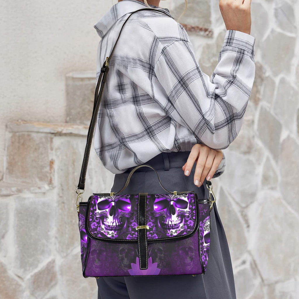 Purple Floral Skull Crossbody Bag | Gothic Glowing Skull Waterproof Canvas Satchel Purse