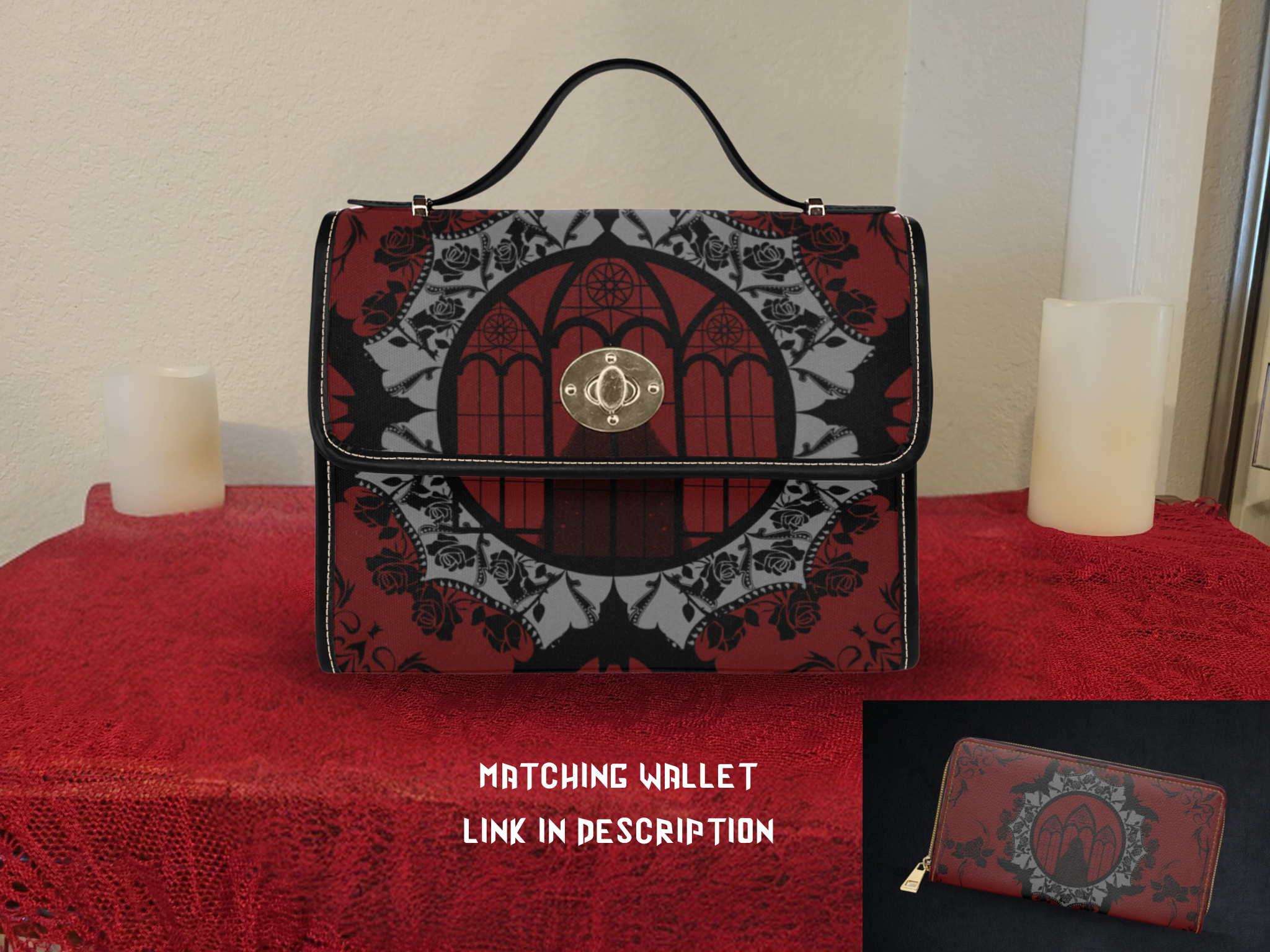 Gothic cathedral window bat lace mandala black roses crimson red waterproof canvas handbag crossbody purse gold turn lock