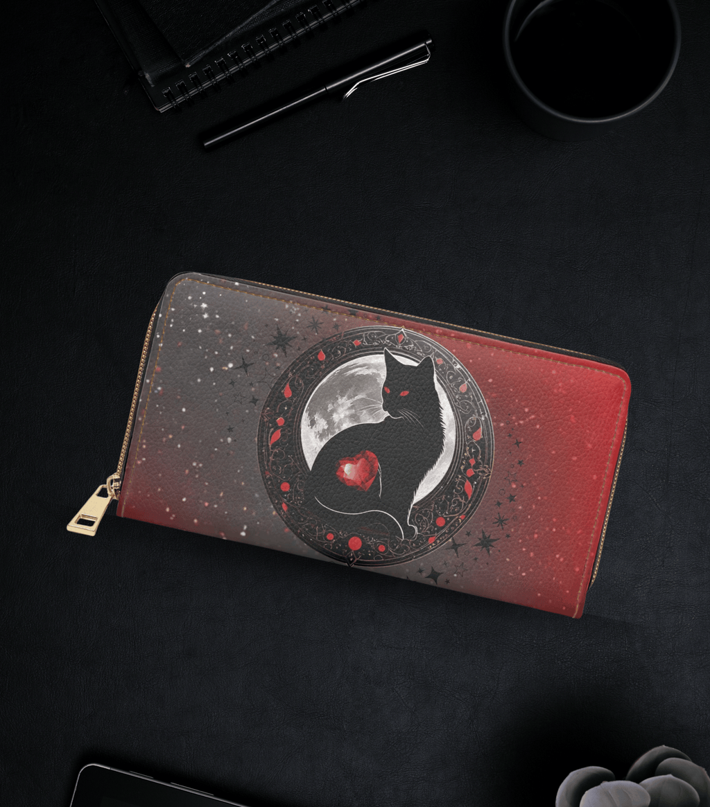Gothic black cat full moon ornate medallion red gem heart grey crimson starfield faux leather zipper wallet