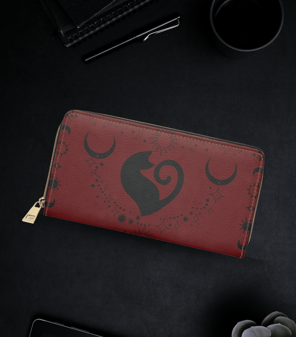 Gothic celestial cat heart crescent moon constellation crimson red faux leather zipper wallet gold hardware
