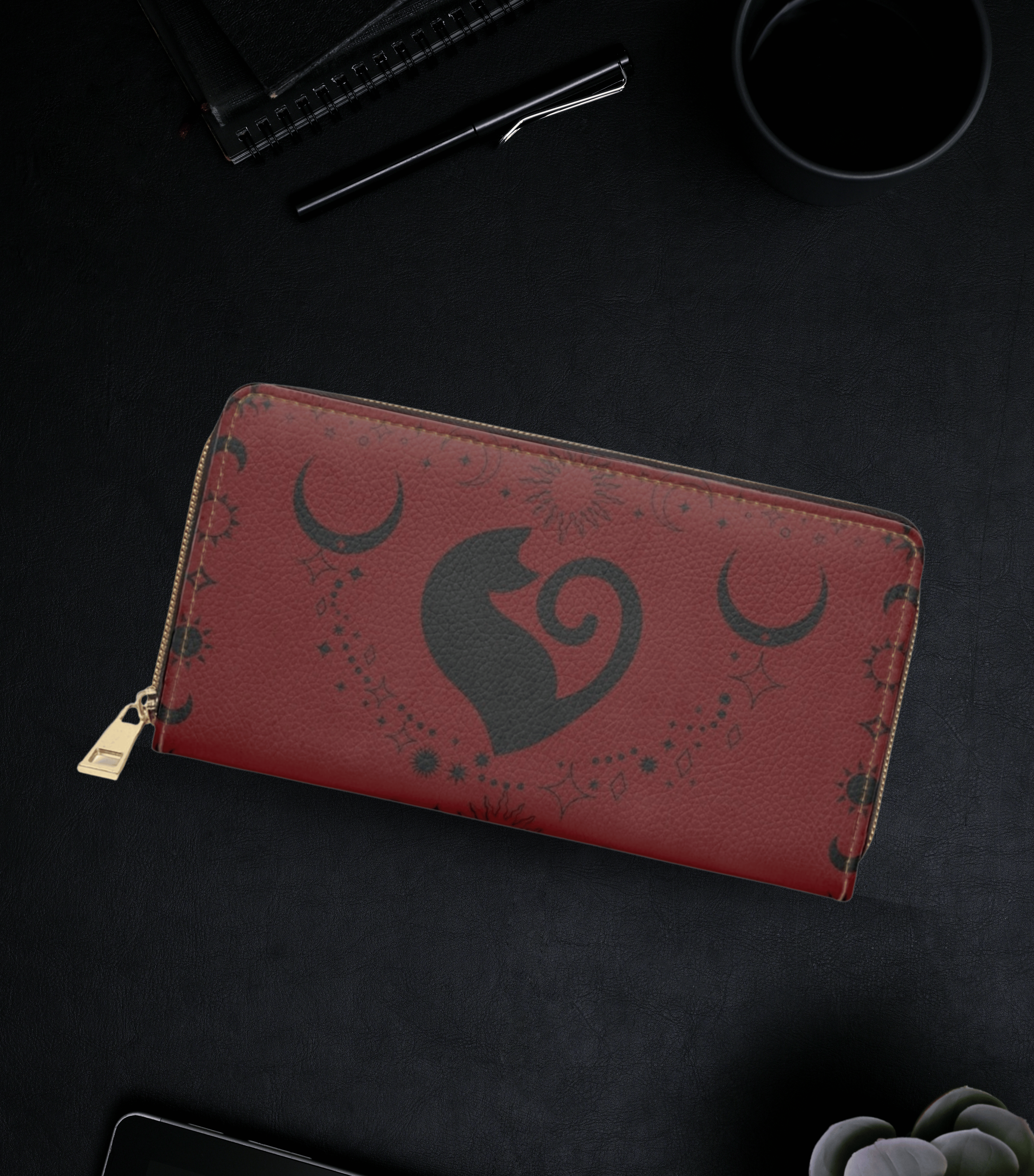 Gothic celestial cat heart crescent moon constellation crimson red faux leather zipper wallet gold hardware
