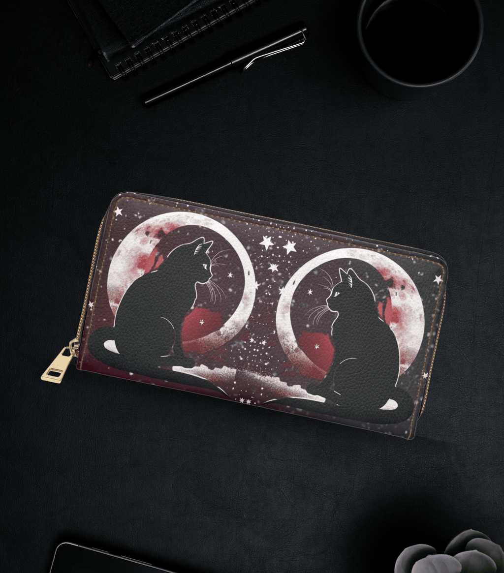Gothic twin black cat silhouettes crescent moons red hearts white stars burgundy starfield faux leather zipper wallet gold hardware