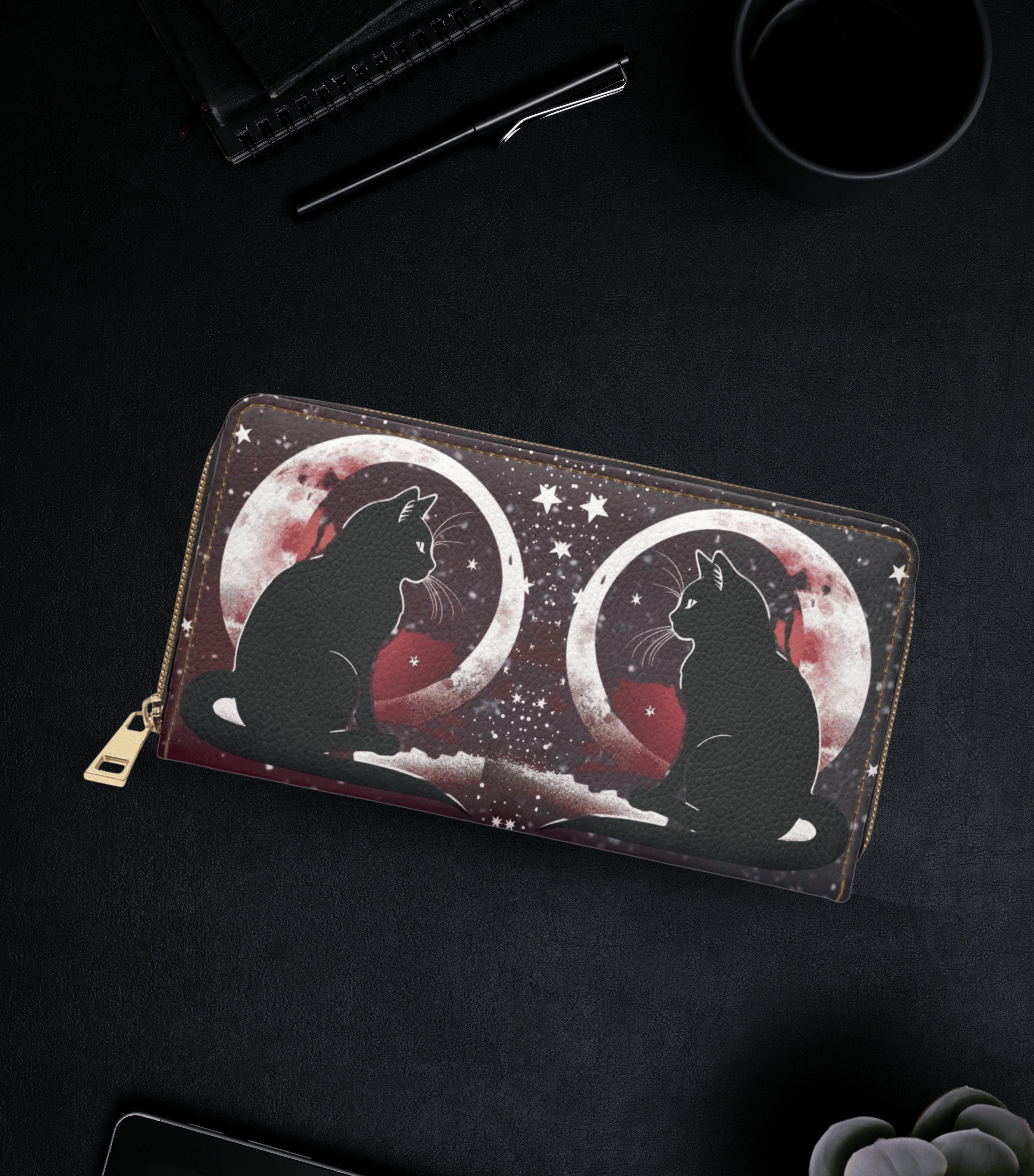 Gothic twin black cat silhouettes crescent moons red hearts white stars burgundy starfield faux leather zipper wallet gold hardware