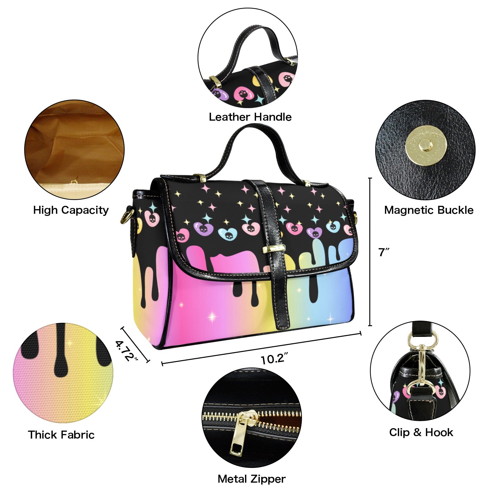 Pastel Goth Rainbow Skull Crossbody Bag | Drippy Skull Waterproof Canvas Satchel Purse