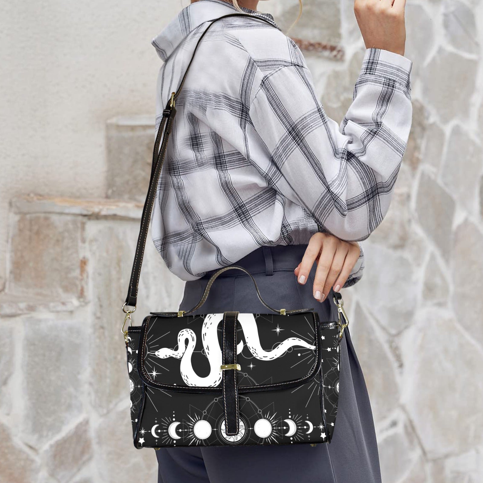 Celestial Snake Moon Phase Crossbody Bag | Witchy Waterproof Canvas Satchel Purse