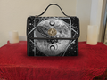 Gothic deaths head moth full moon celestial geometric black grey waterproof canvas handbag crossbody purse gold turn lock
