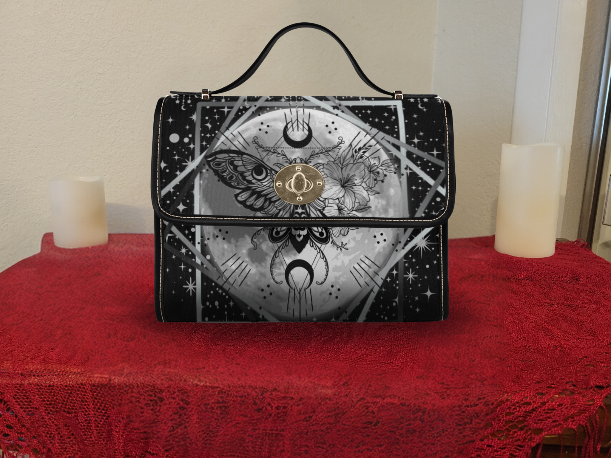 Gothic deaths head moth full moon celestial geometric black grey waterproof canvas handbag crossbody purse gold turn lock
