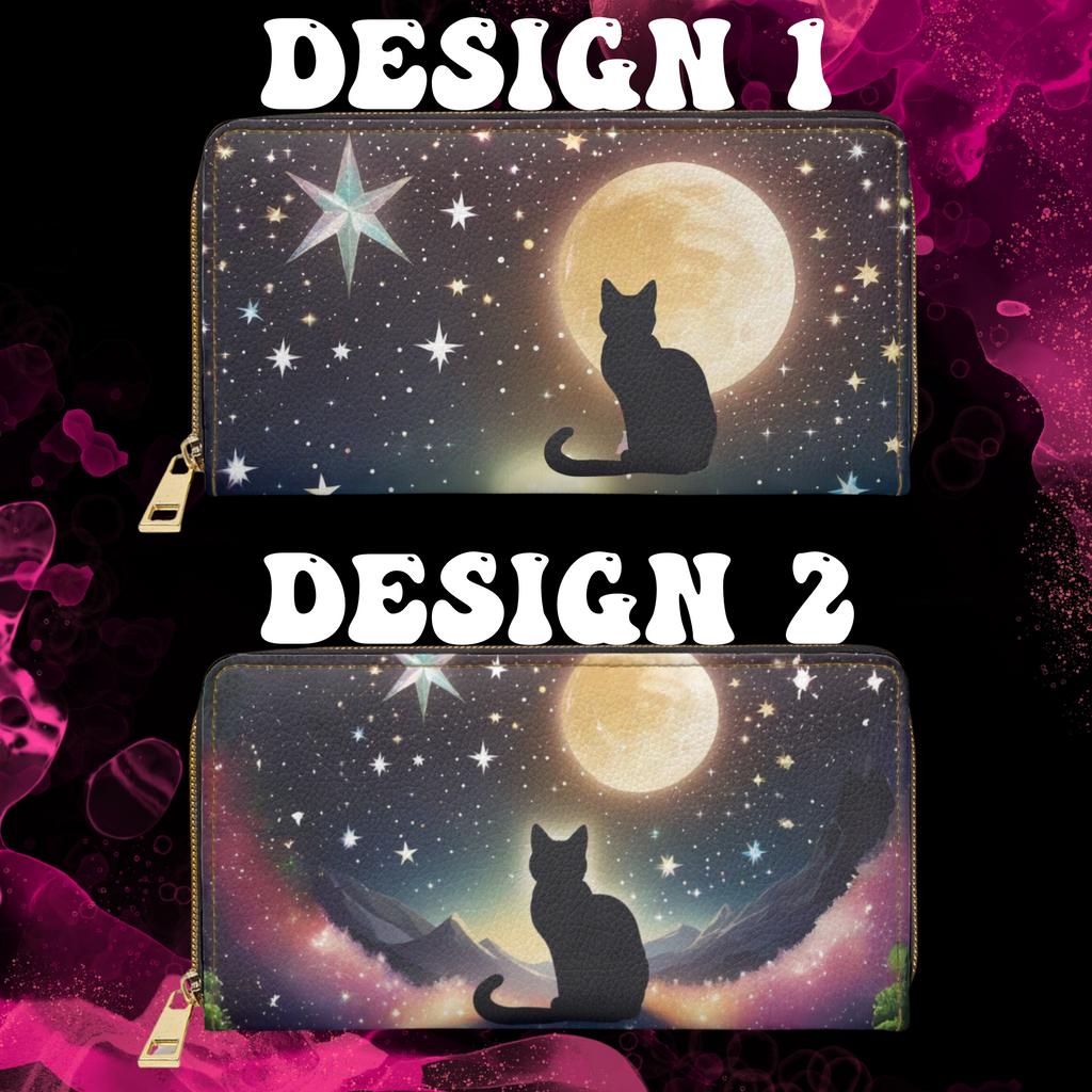 Gothic black cat full moon golden starry night sky faux leather zipper wallet gold hardware two designs