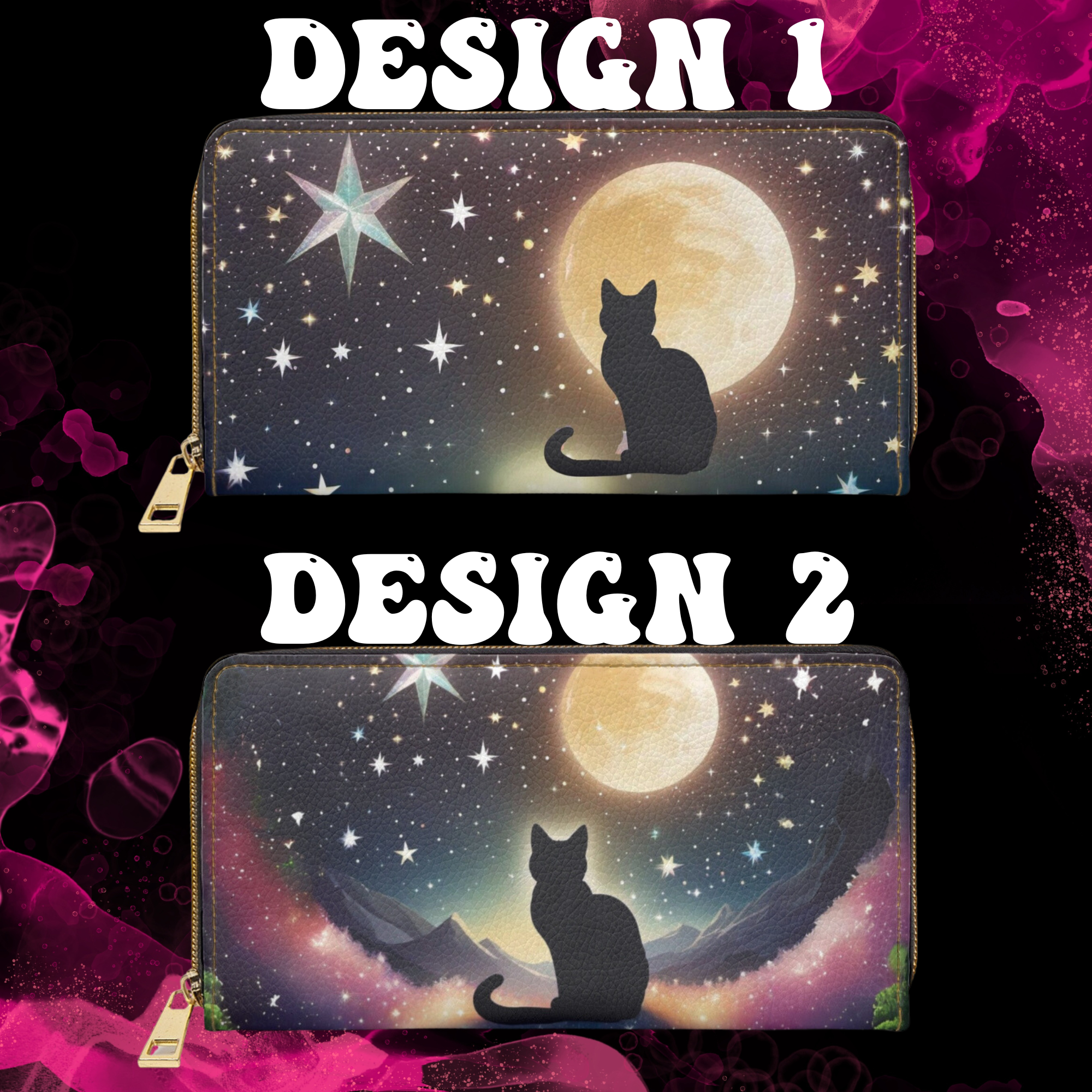 Gothic black cat full moon golden starry night sky faux leather zipper wallet gold hardware two designs