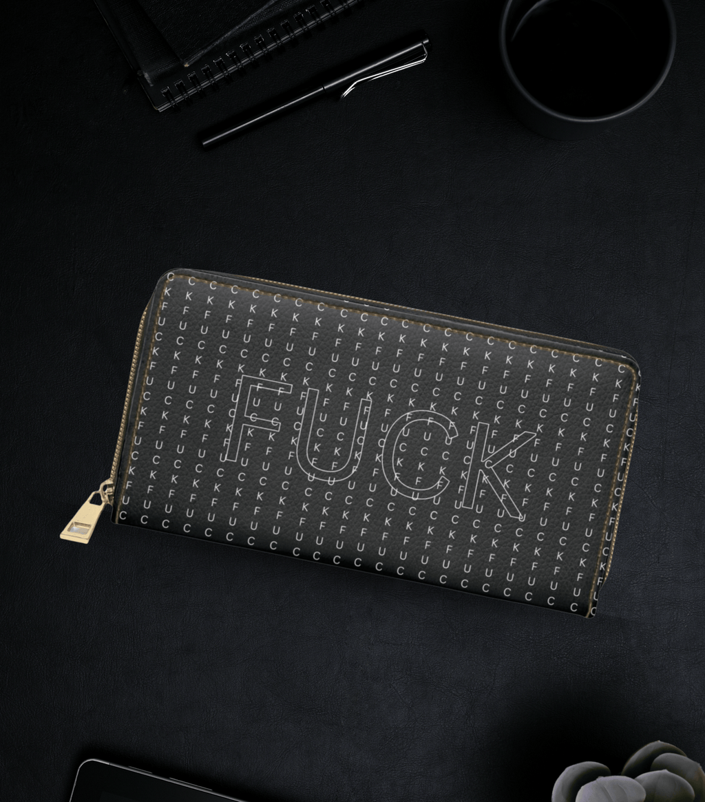 Gothic black pinstripe hidden curse word faux leather zipper wallet bold center design gold hardware