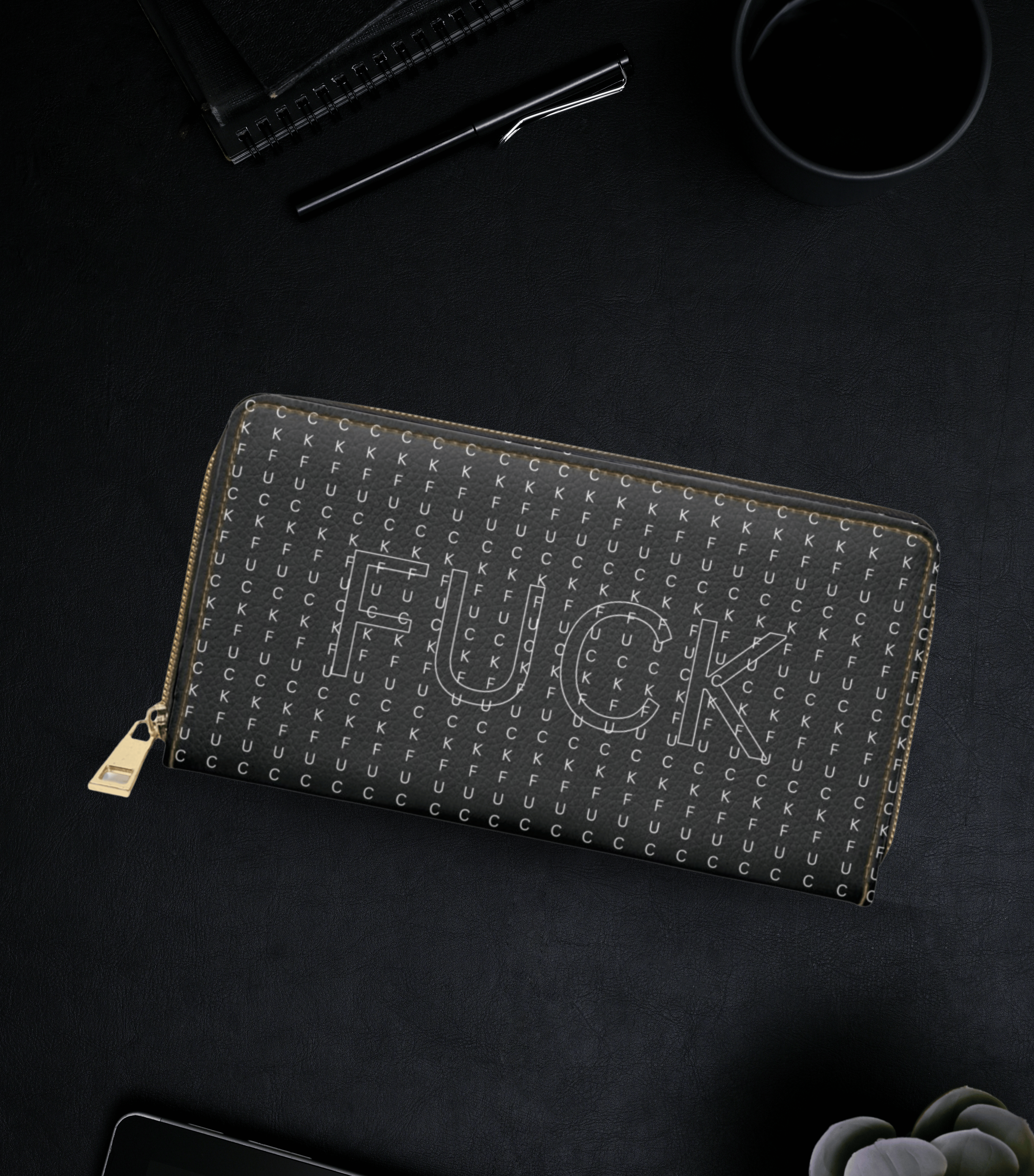 Gothic black pinstripe hidden curse word faux leather zipper wallet bold center design gold hardware