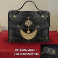 Gold celestial crescent moon constellation geometry star burst black diamond waterproof canvas handbag crossbody purse gold turn lock