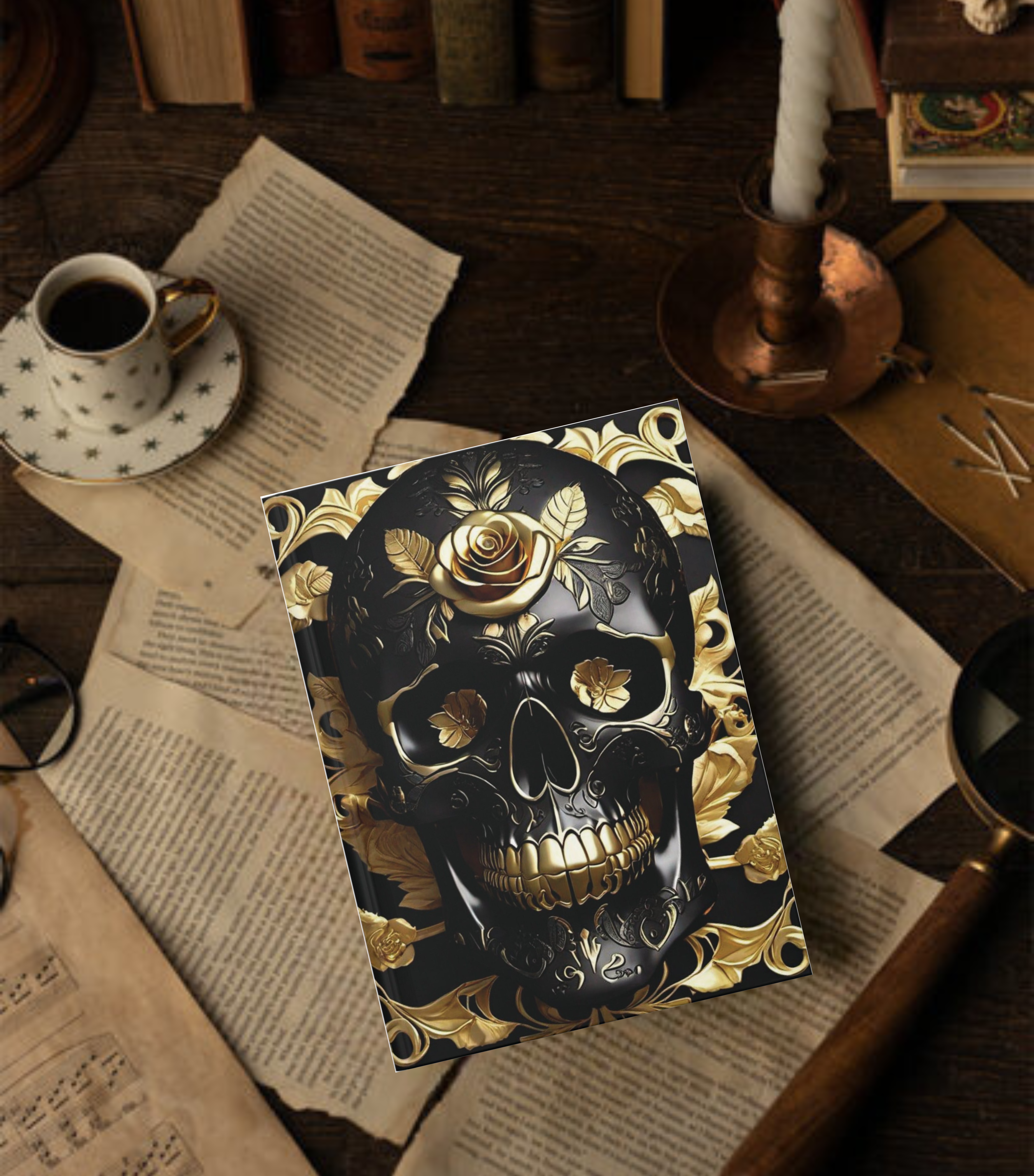 Gothic Black & Gold Skull Journal — Dark Floral Rose Hardcover Spell Book