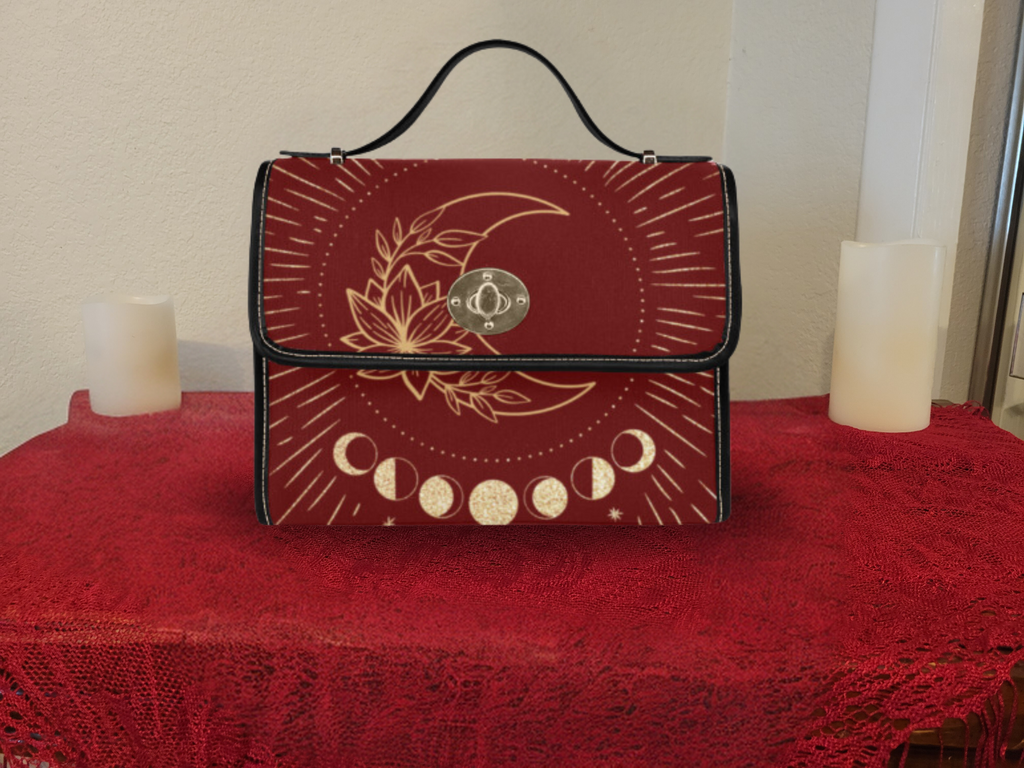 
Crimson red gold moon phases lotus crescent moon celestial waterproof canvas handbag crossbody purse gold turn lock