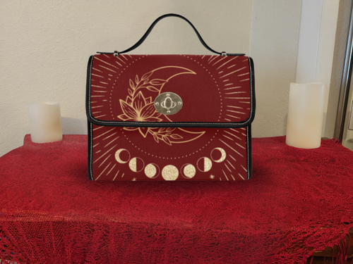 
Crimson red gold moon phases lotus crescent moon celestial waterproof canvas handbag crossbody purse gold turn lock