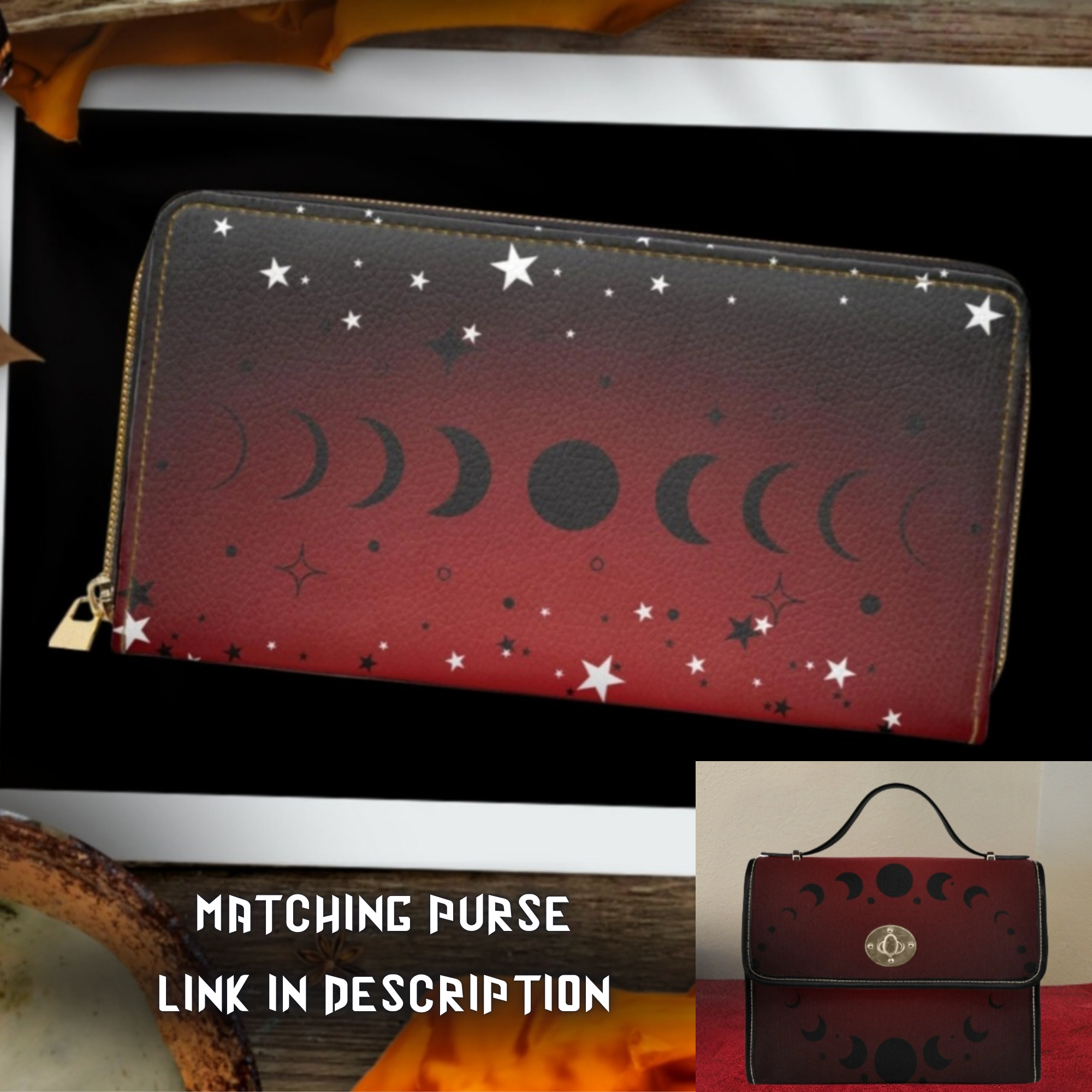 Gothic black moon phases crimson red ombre stars faux leather zipper wallet gold hardware dark academia
