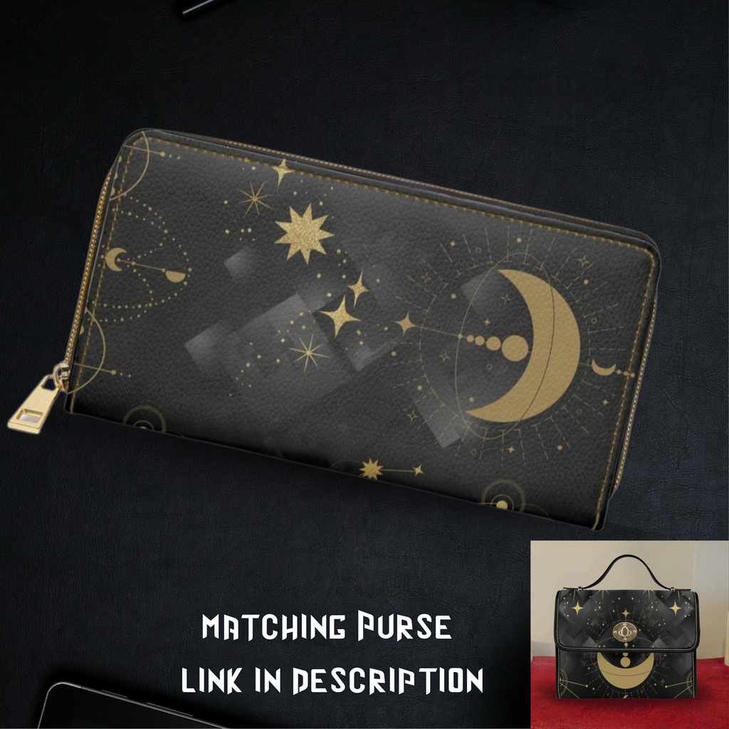 Gold celestial moon stars constellation geometry black faux leather zipper wallet gold hardware witchy