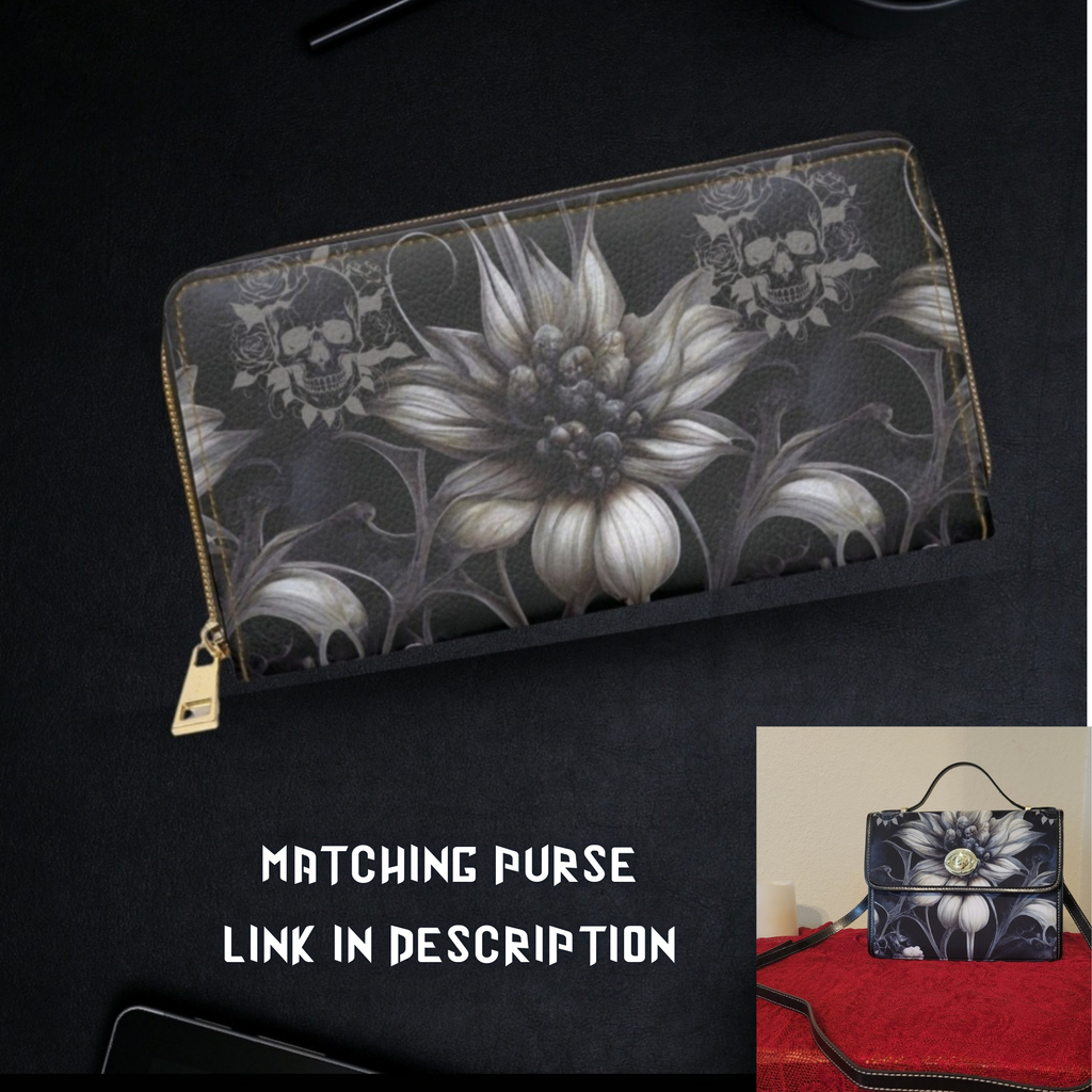 Gothic botanical dahlia skull rose vines dark charcoal black faux leather zipper wallet gold hardware