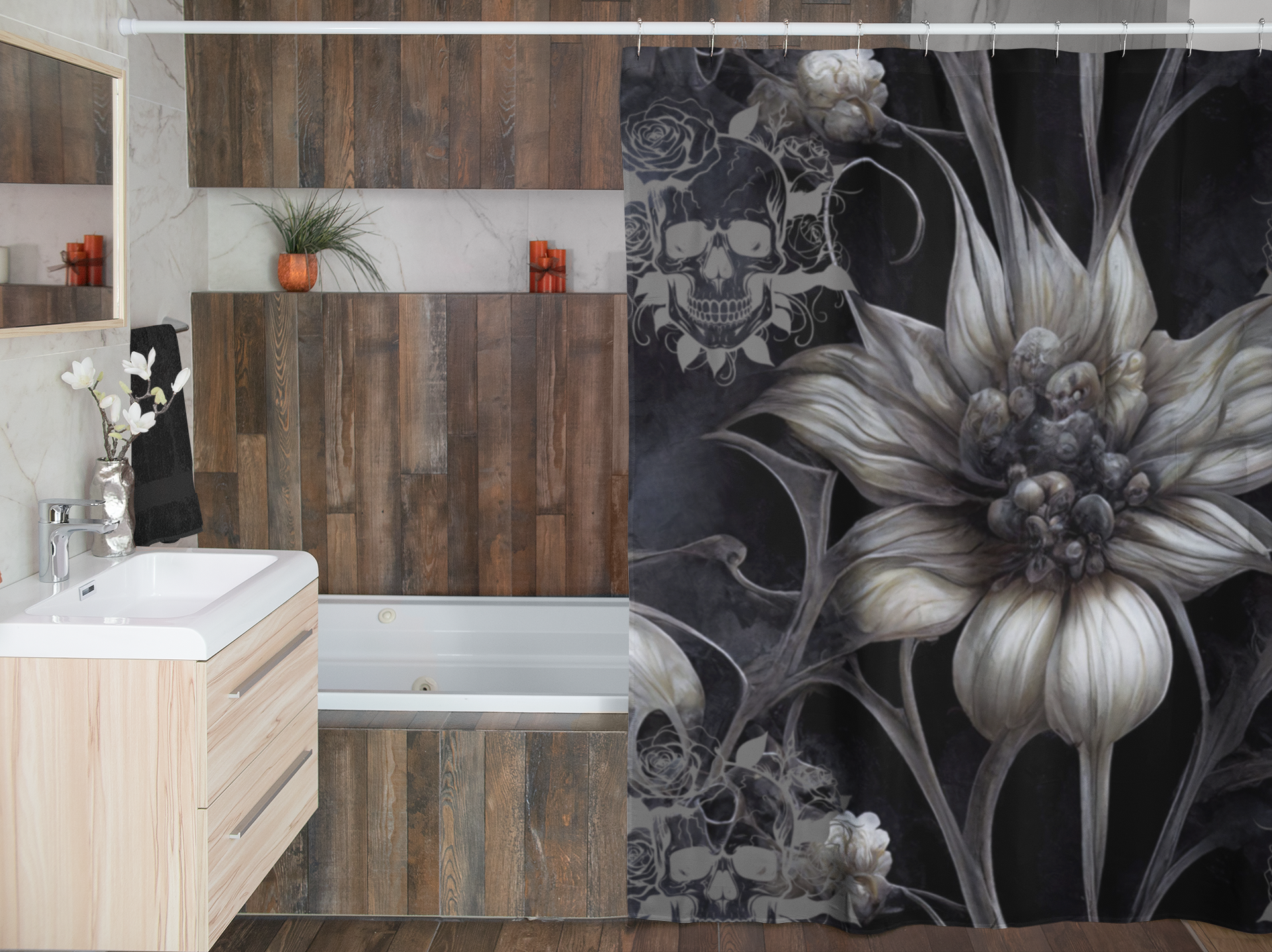 Gothic Botanical Skull Shower Curtain — Dark Floral Bathroom Decor
