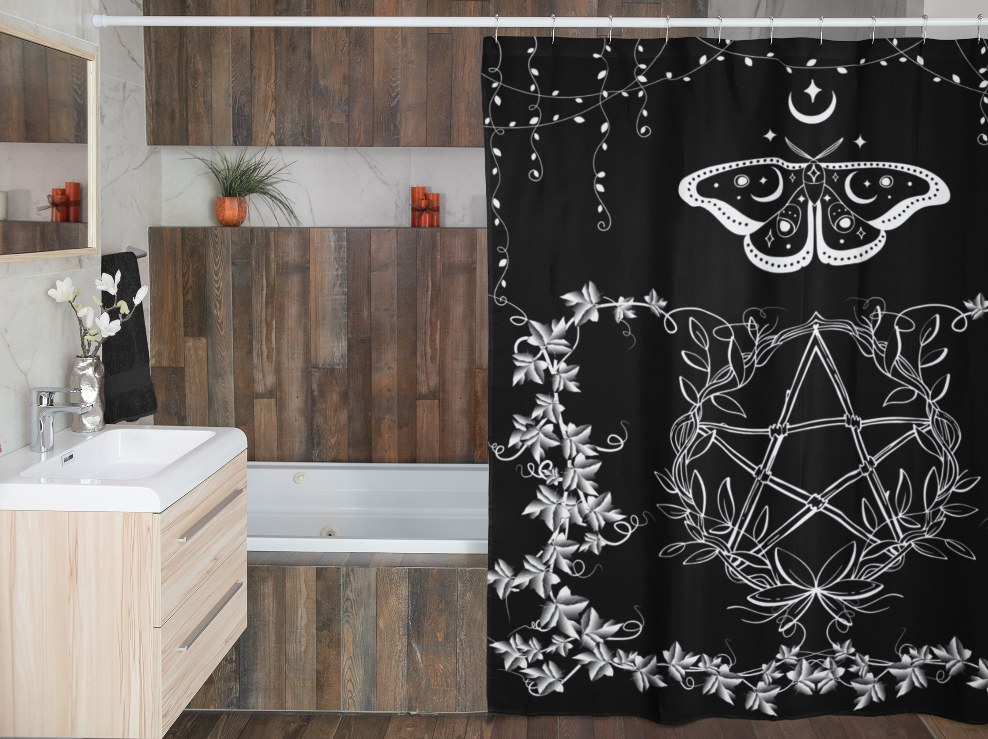Whimsigoth Pentagram Shower Curtain — Witchy Dark Cottagecore Bathroom Decor