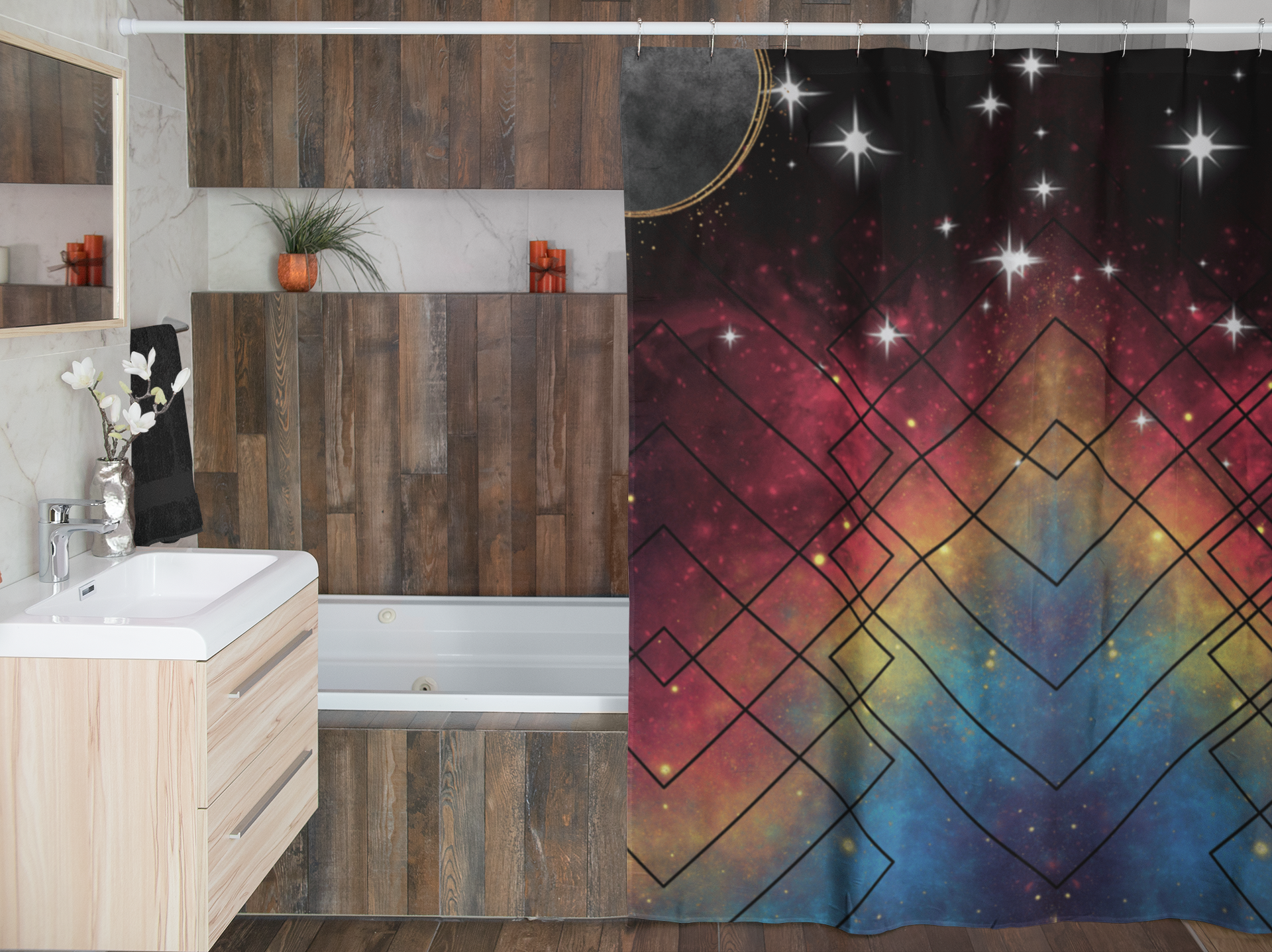 Rainbow Galaxy Geometric Shower Curtain — Colorful Space Bathroom Decor