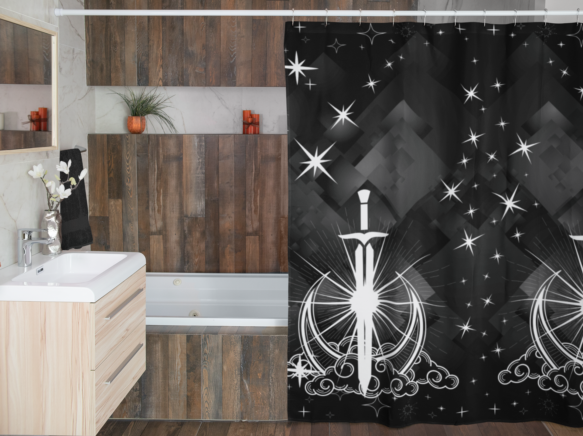 Celestial Sword Shower Curtain — Gothic Fantasy Moon Bathroom Decor