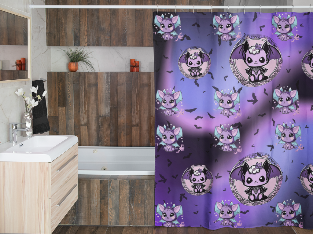 Pastel Goth Bat Shower Curtain — Kawaii Vampire Bat Purple Bathroom Decor