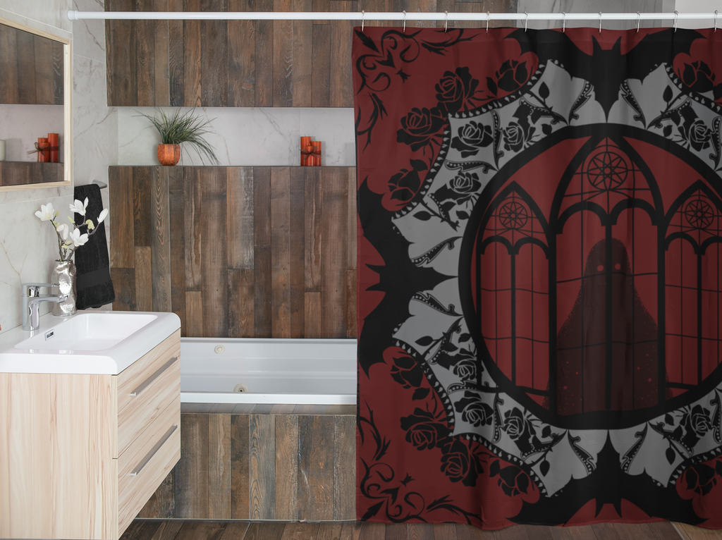 Gothic Cathedral Bats Shower Curtain — Crimson Rose Mandala Bathroom Decor