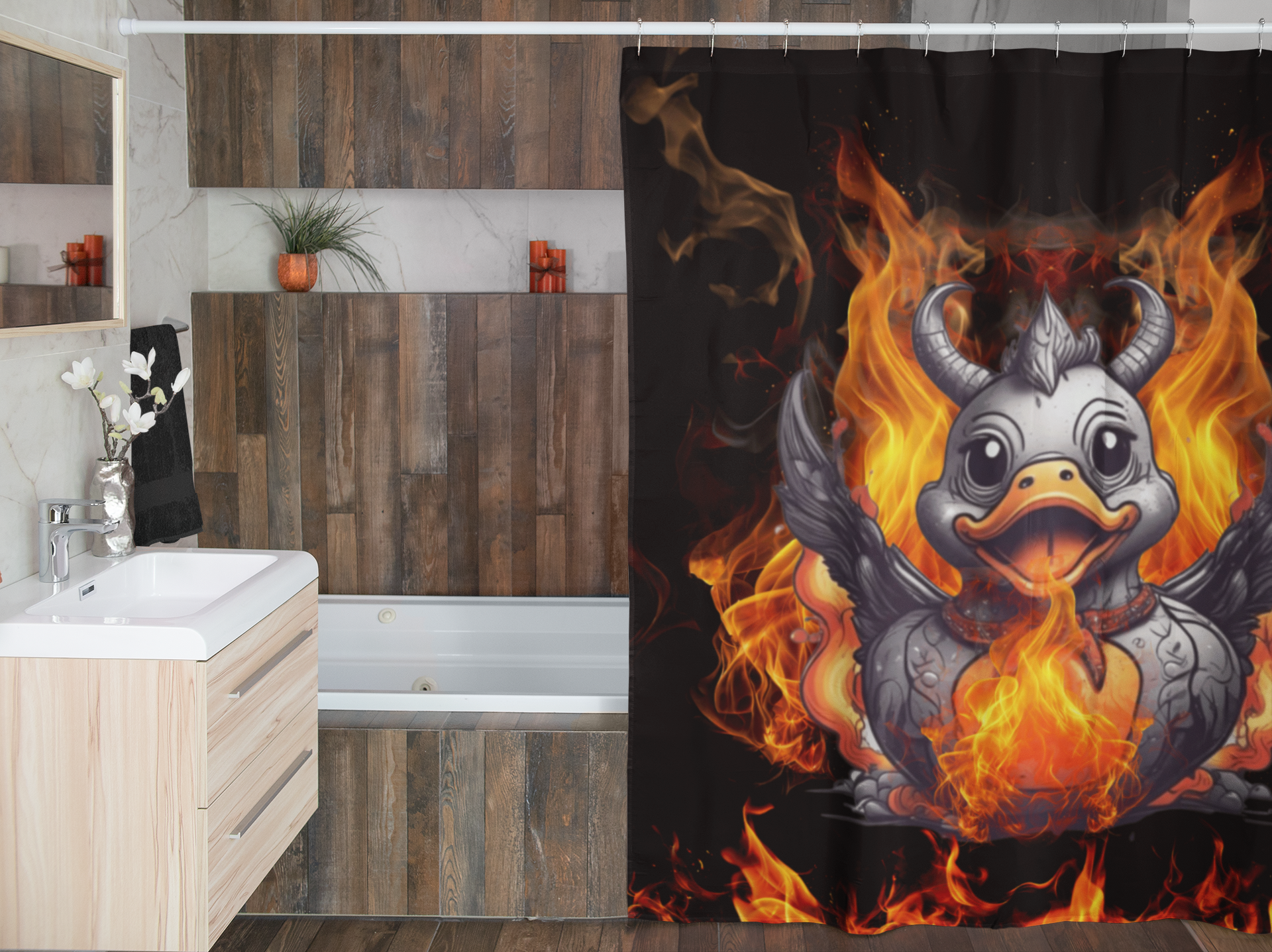 Gothic Fire Duck Shower Curtain — Demon Rubber Ducky Dark Bathroom Decor