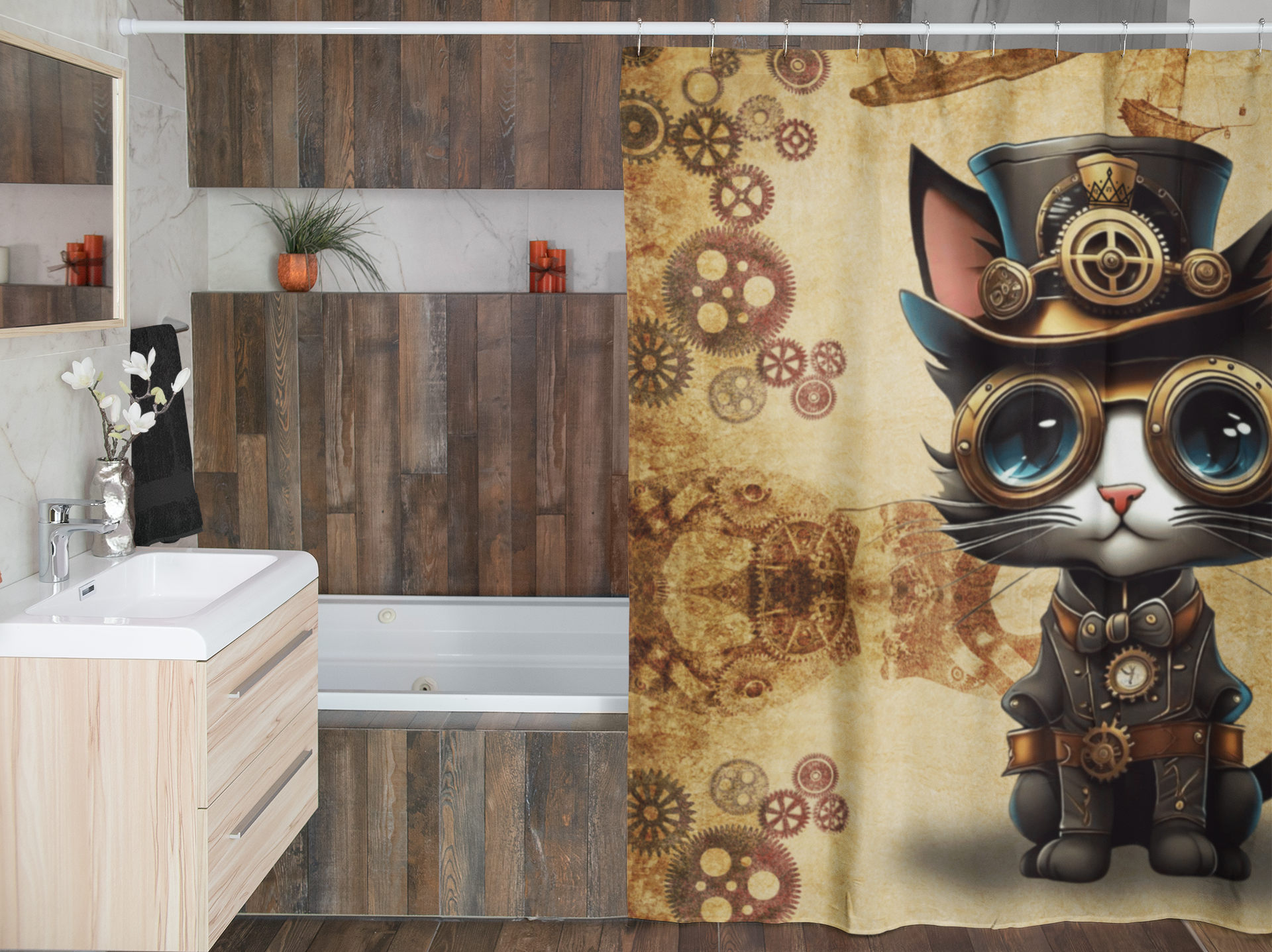 Steampunk Cat Shower Curtain — Vintage Industrial Bathroom Decor