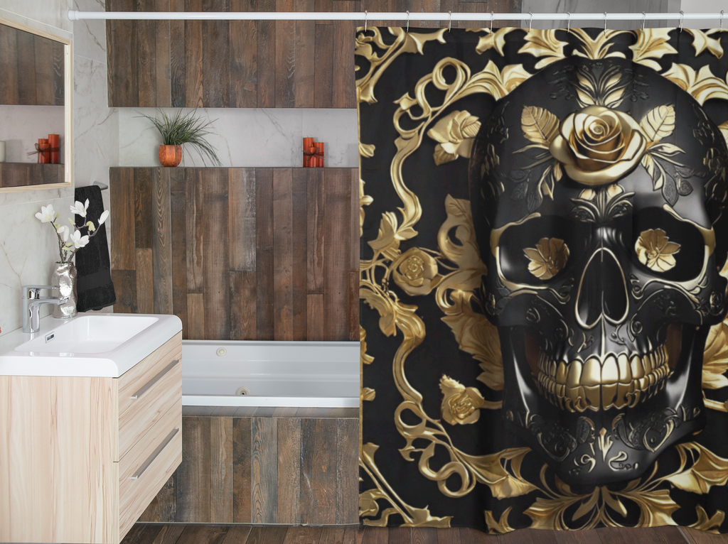Gothic Black & Gold Skull Shower Curtain — Luxury Baroque Bathroom Decor