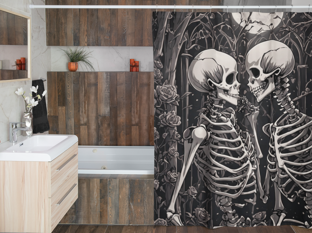 Gothic Skeleton Love Shower Curtain — Dark Romance Valloween Bathroom Decor