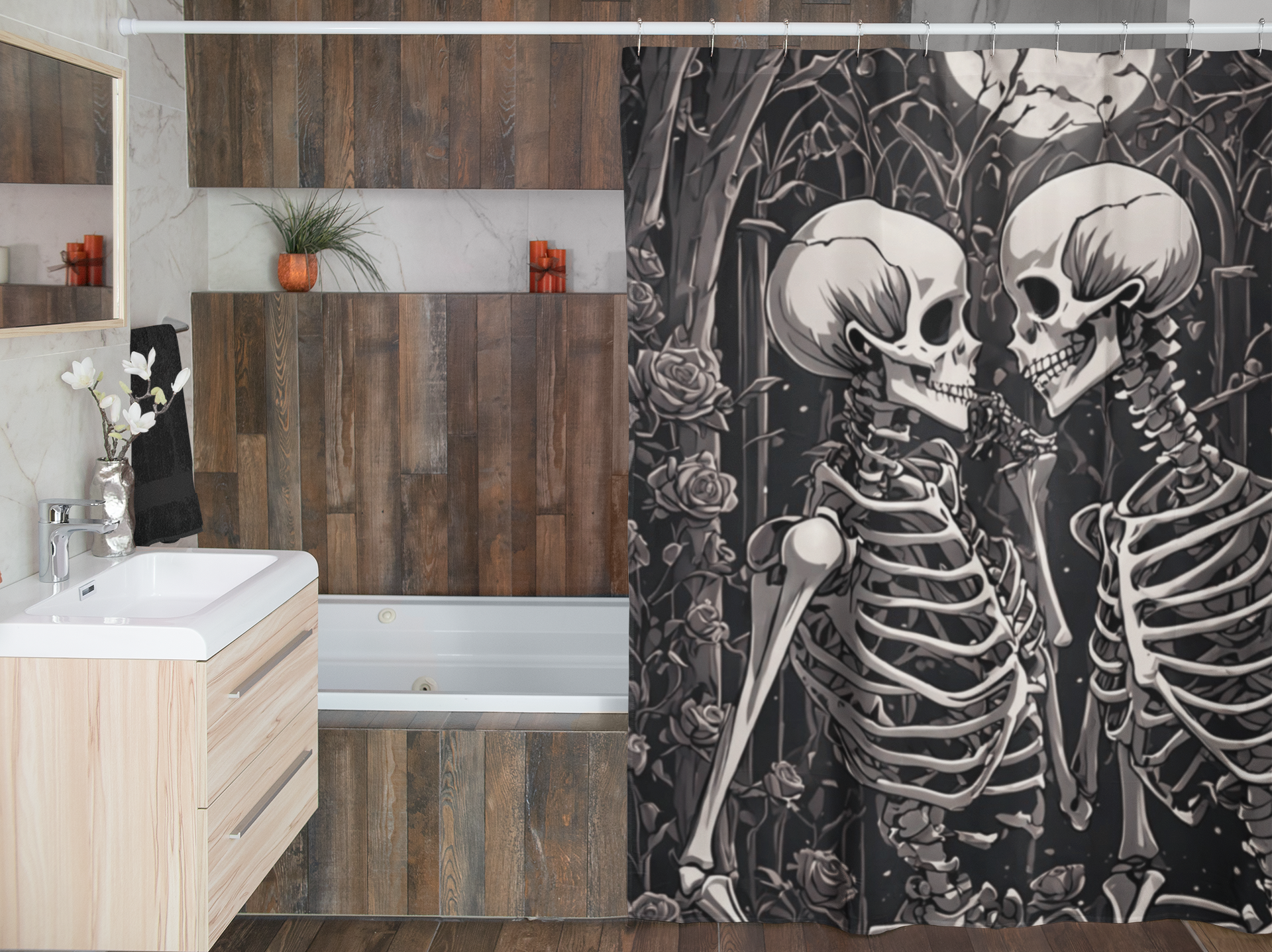 Gothic Skeleton Love Shower Curtain — Dark Romance Valloween Bathroom Decor