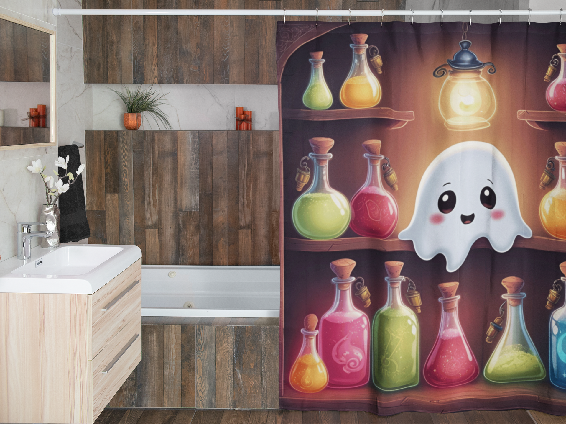 Apothecary Ghost Shower Curtain — Whimsigoth Potion Shelf Bathroom Decor