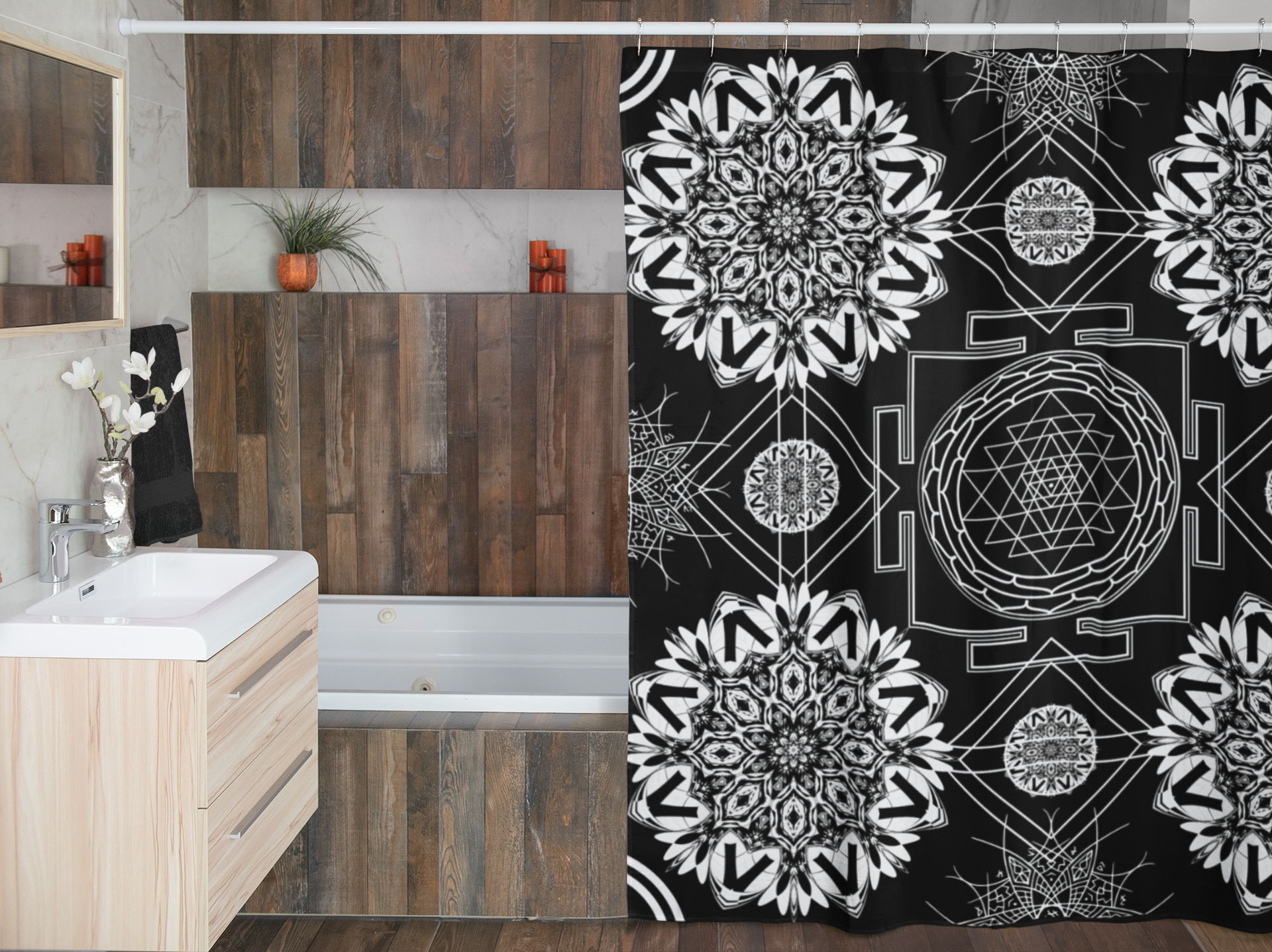 Sacred Geometry Shower Curtain — Mystical Black & White Mandala Bathroom Decor