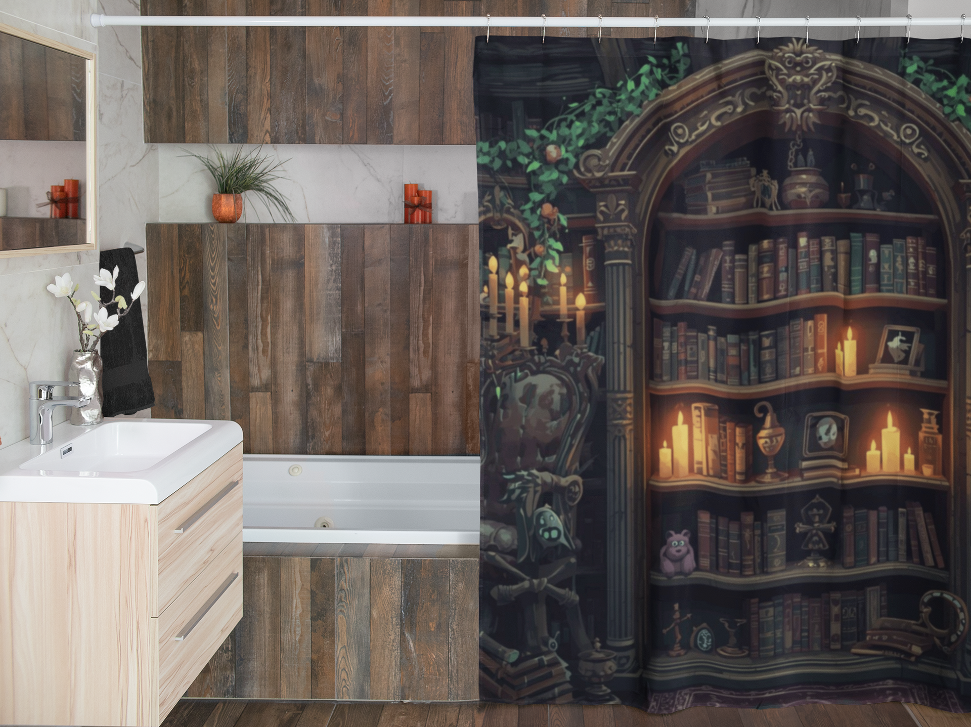 Whimsical Bookcase Shower Curtain — Dark Fantasy Library Bathroom Decor