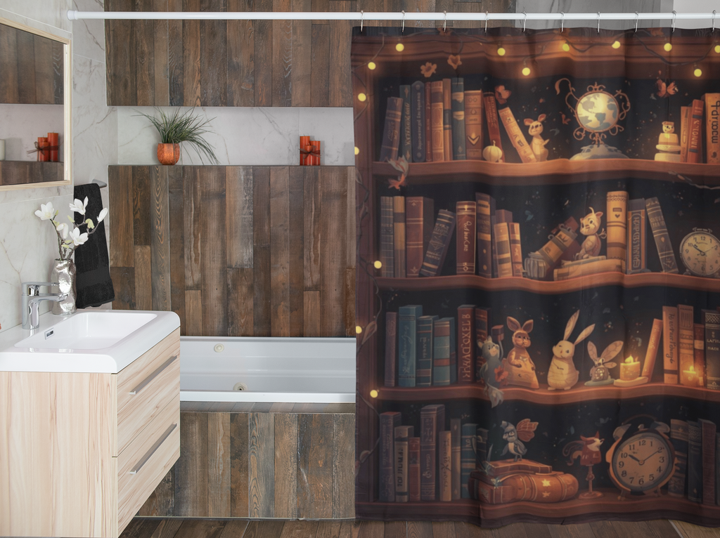 Whimsical Rabbit Bookcase Shower Curtain — Cozy Fantasy Library Bathroom Decor