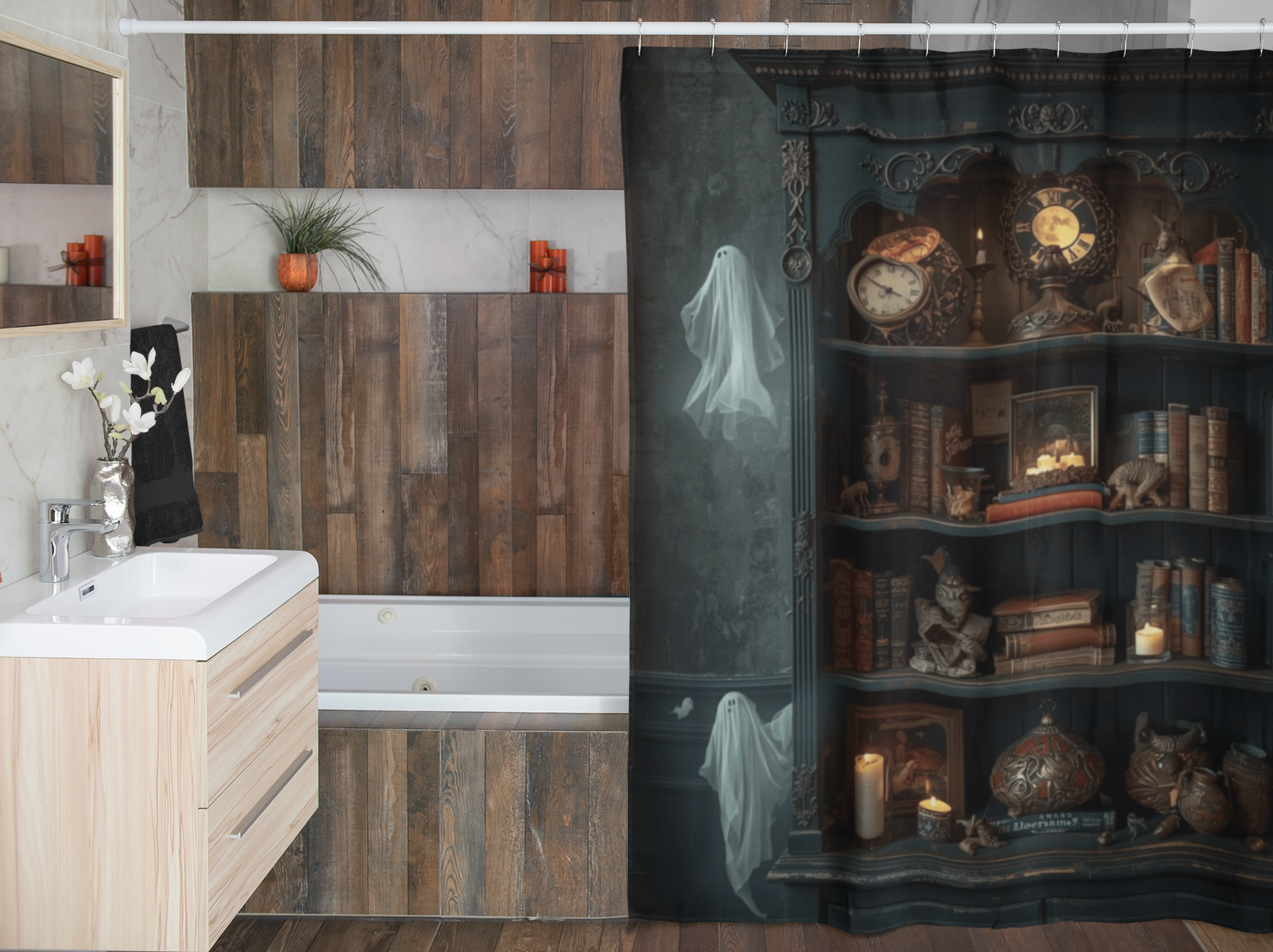 Whimsigoth Bookcase Ghost Shower Curtain — Dark Academia Ghost Library Decor