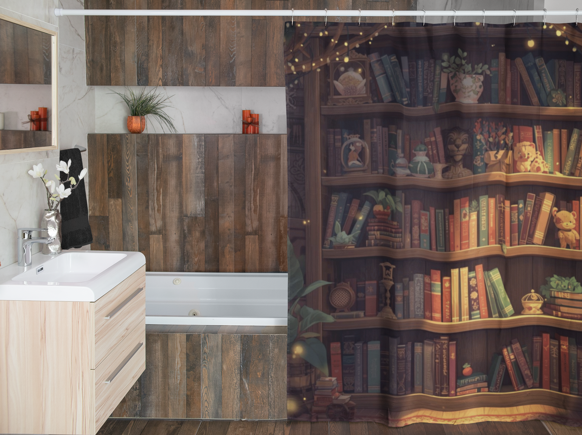 Cottagecore Bookcase Shower Curtain — Cozy Fantasy Book Lover Bathroom Decor
