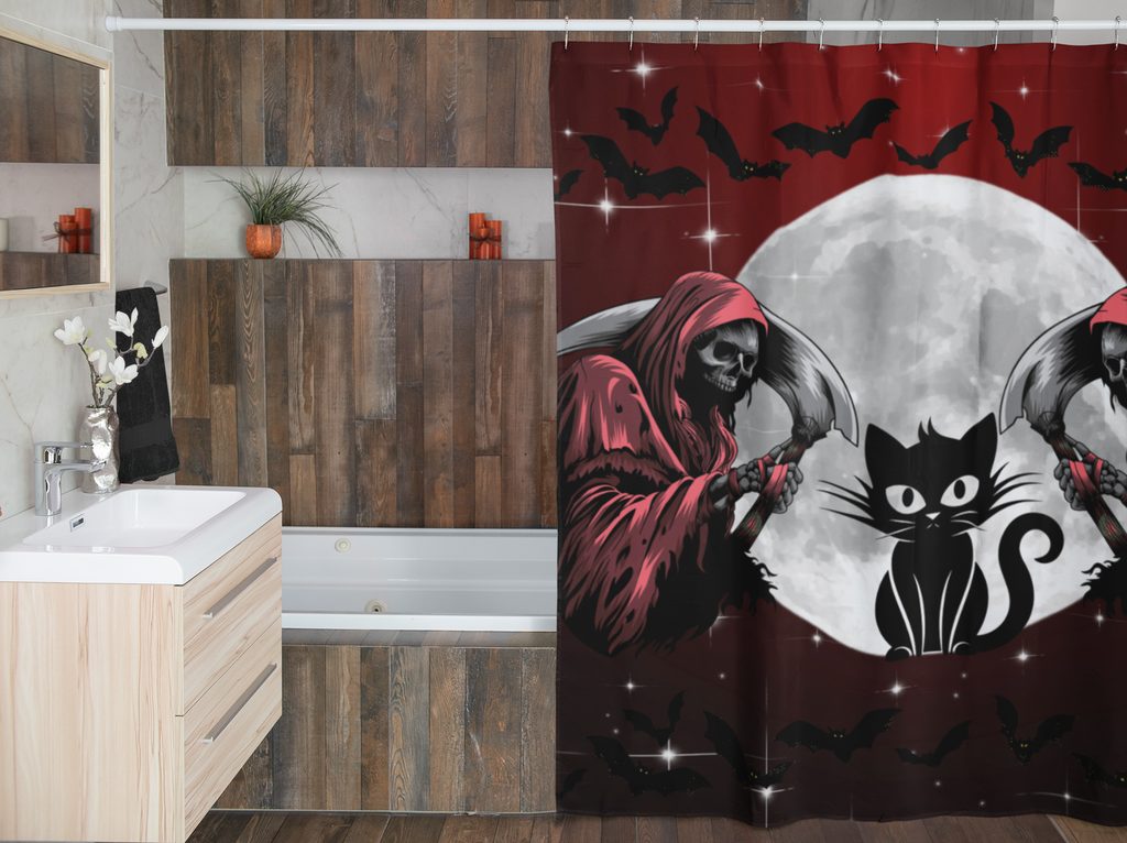 Gothic Grim Reaper Cat Full Moon Shower Curtain — Halloween Bathroom Decor