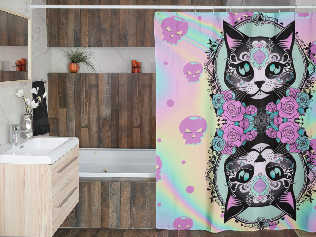 Pastel Goth Cat Shower Curtain — Kawaii Sugar Skull Cat Rainbow Bathroom Decor