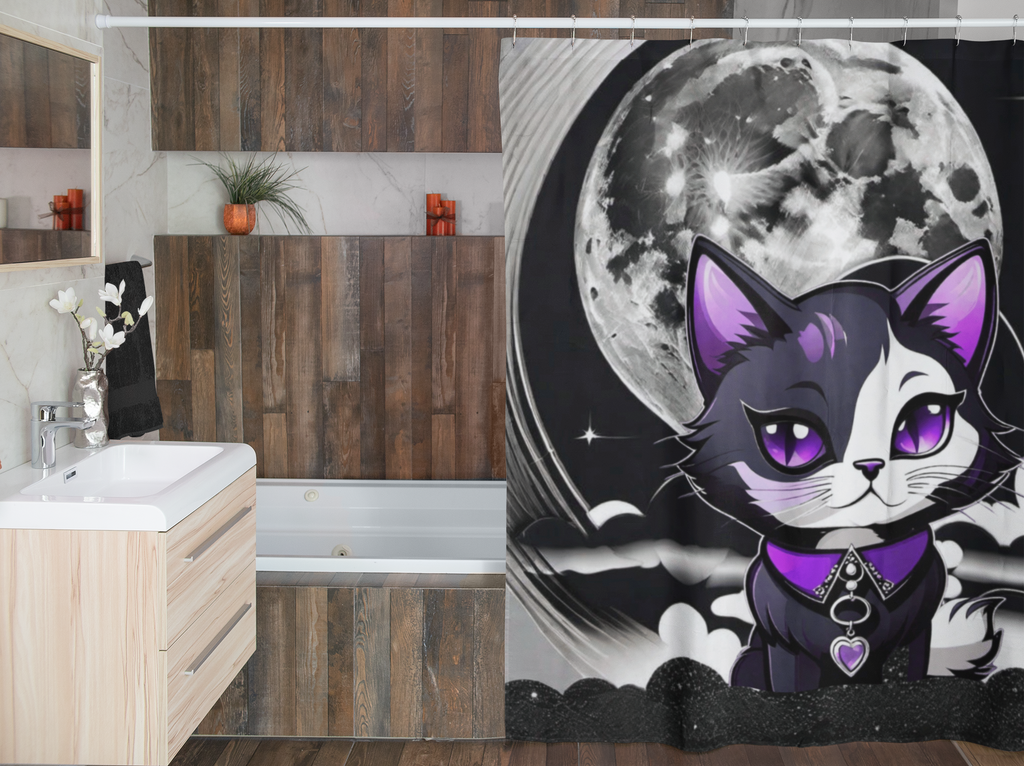 Pastel Goth Black Cat Full Moon Shower Curtain — Witchy Bathroom Decor
