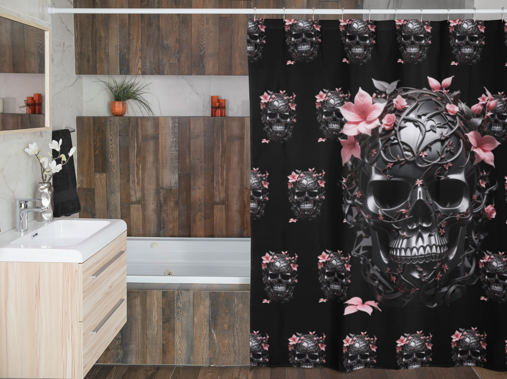 Gothic Floral Skull Shower Curtain — Dark Botanical Bathroom Decor