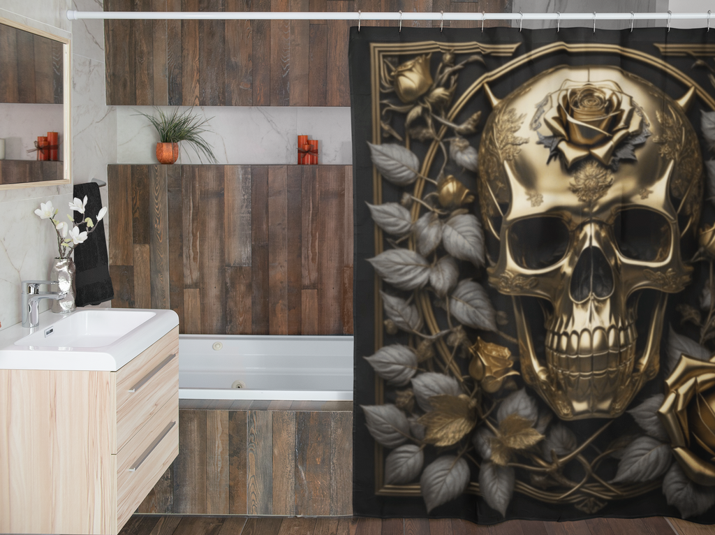 Gothic Black & Gold Skull Rose Shower Curtain — Gothic Glam Bathroom Decor