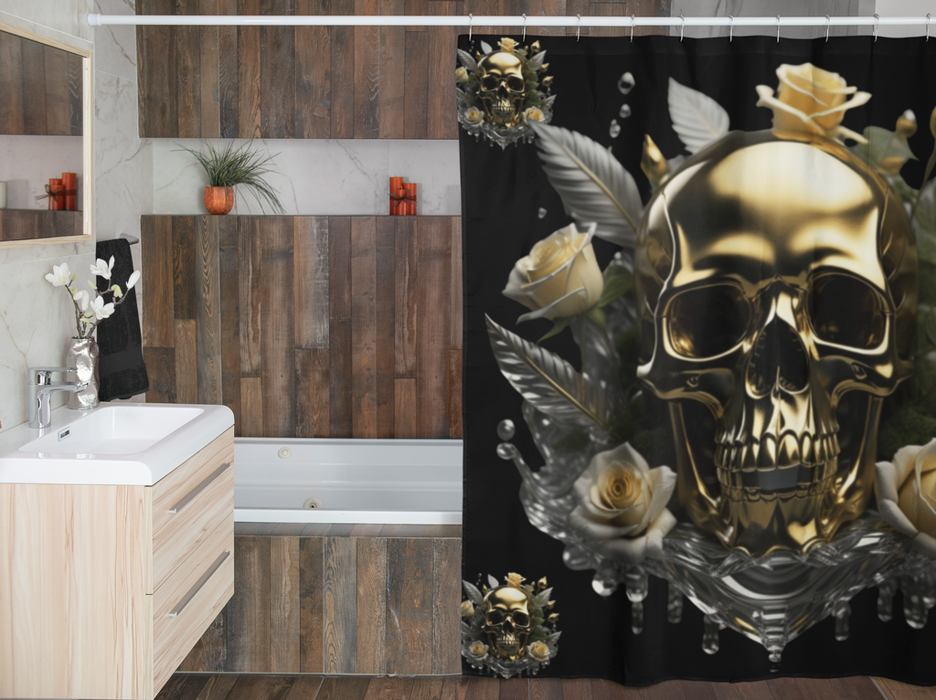 Gothic Gold Skull Crystal Rose Shower Curtain — Whimsigoth Bathroom Decor