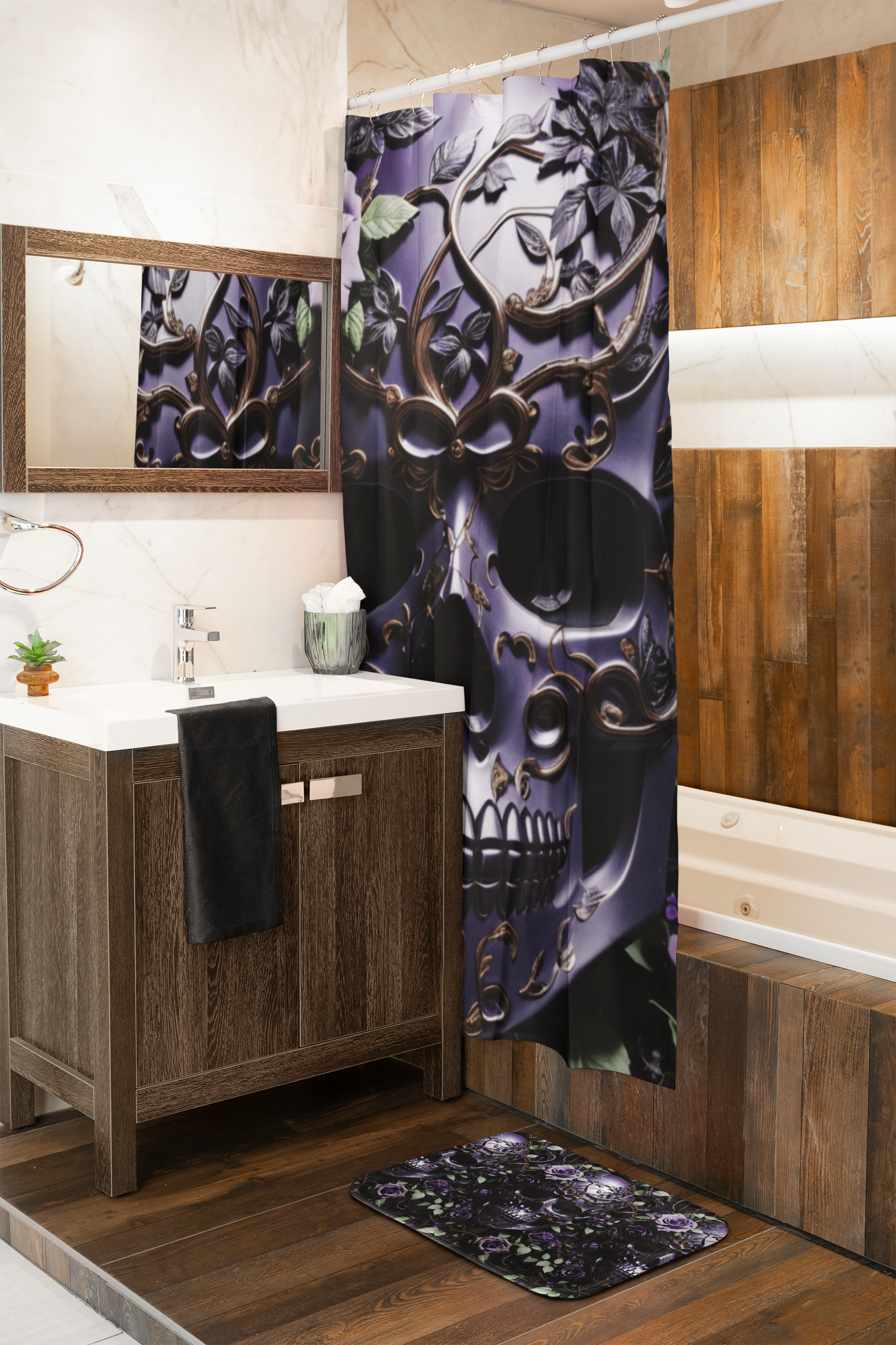 Gothic Purple Skull Shower Curtain — Dark Floral Rose Bathroom Decor