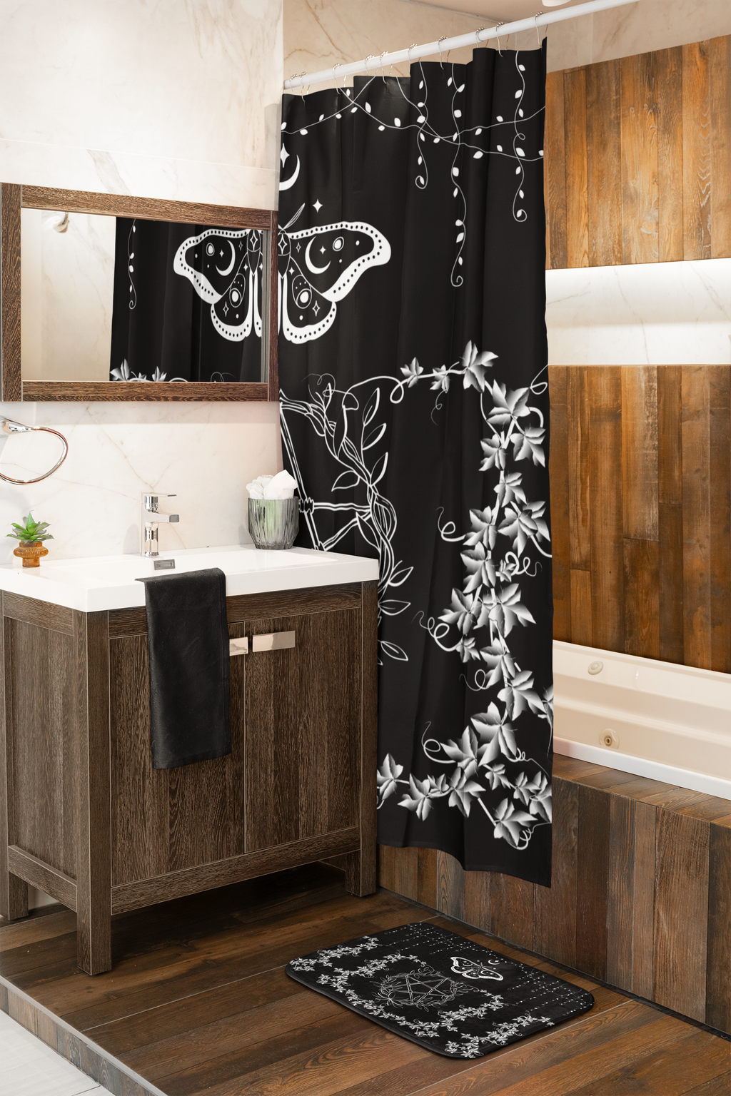 Whimsigoth Pentagram Shower Curtain — Witchy Dark Cottagecore Bathroom Decor