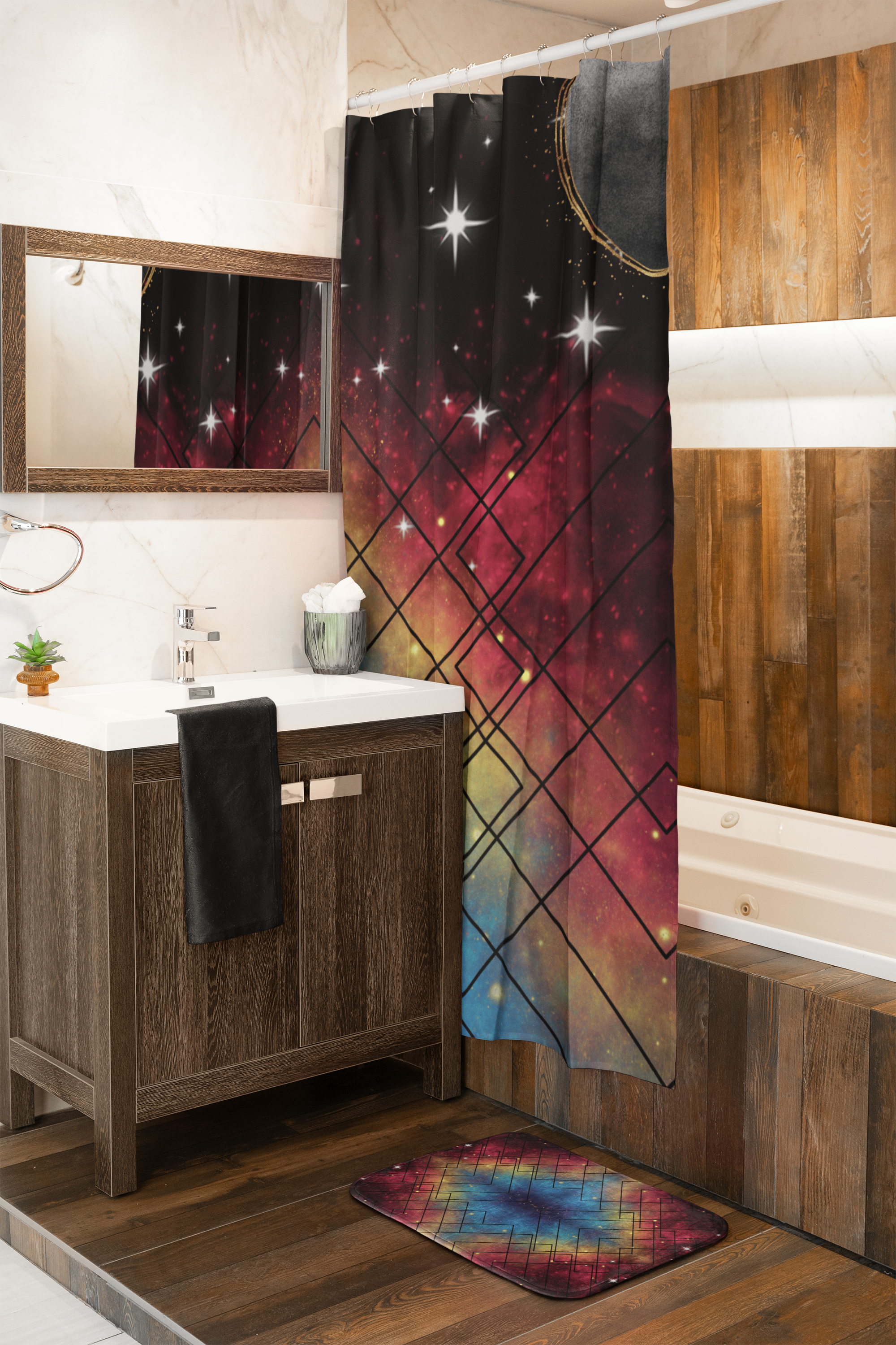 Rainbow Galaxy Geometric Bath Mat — Colorful Space Bathroom Decor