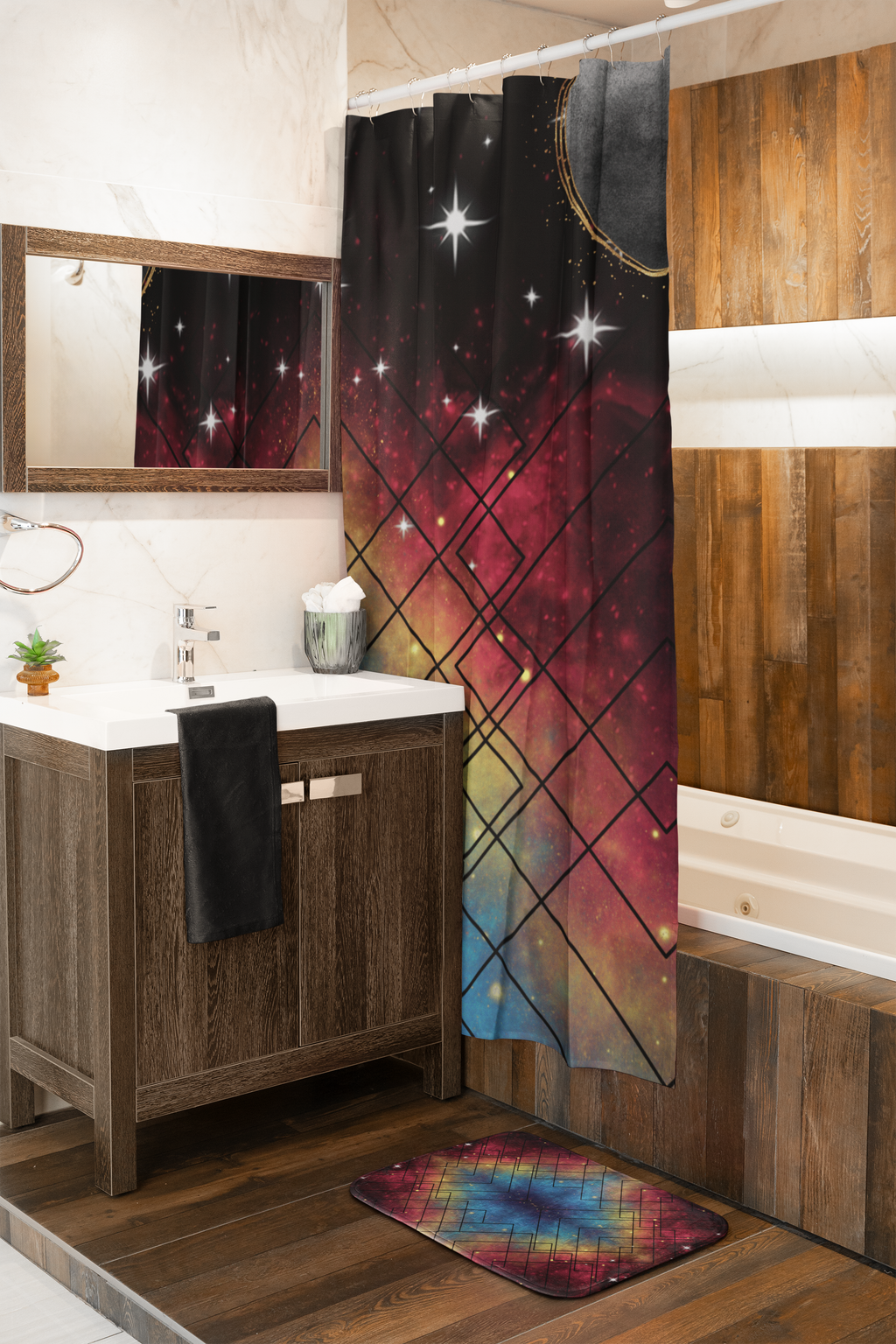 Rainbow Galaxy Geometric Shower Curtain — Colorful Space Bathroom Decor