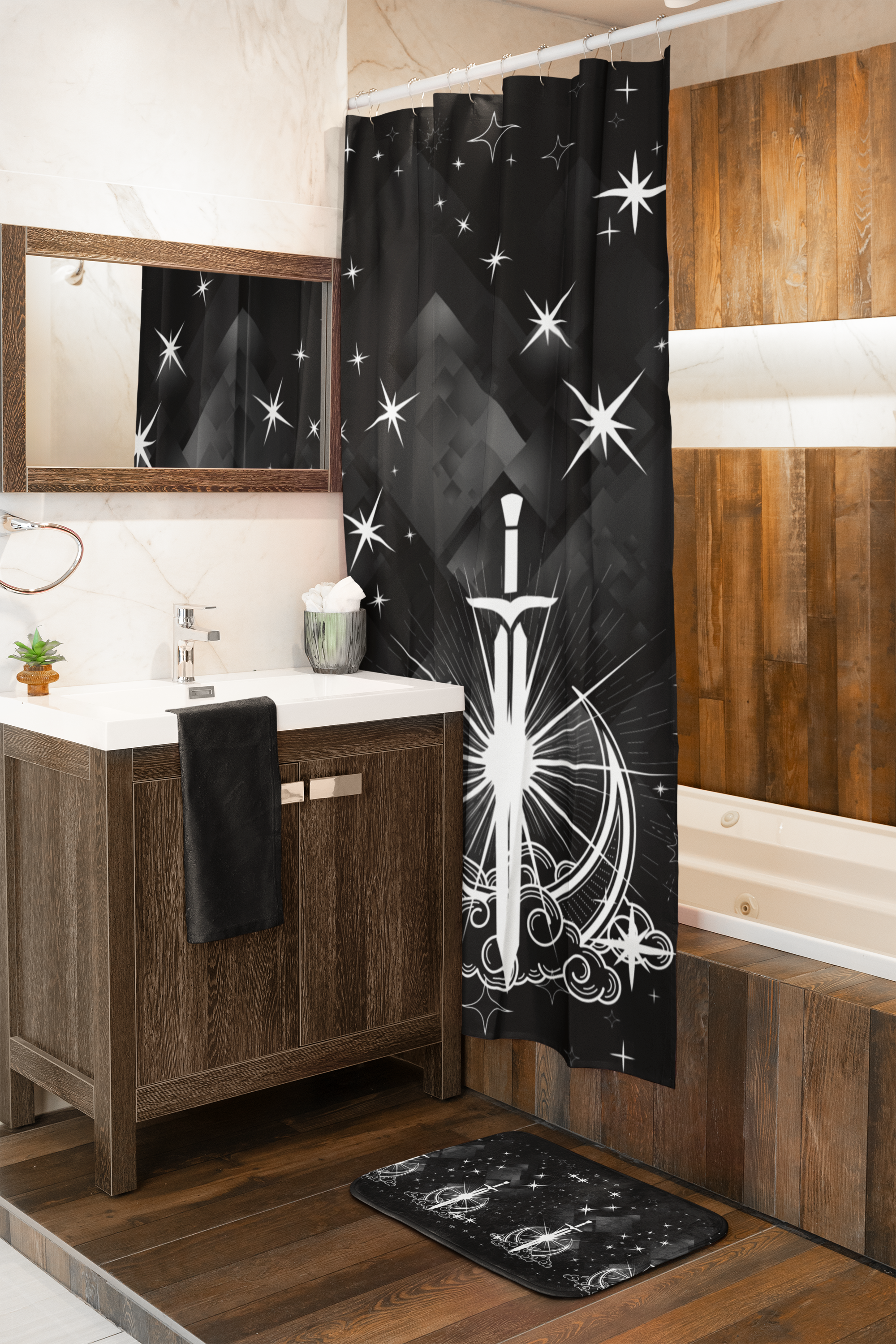 Celestial Sword Shower Curtain — Gothic Fantasy Moon Bathroom Decor